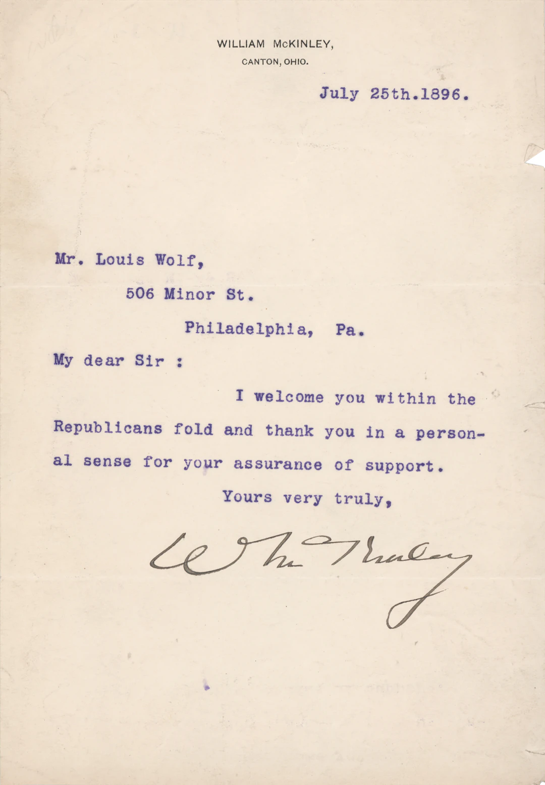 William McKinley Typed Letter Signed: "I welcome you within the Republicans