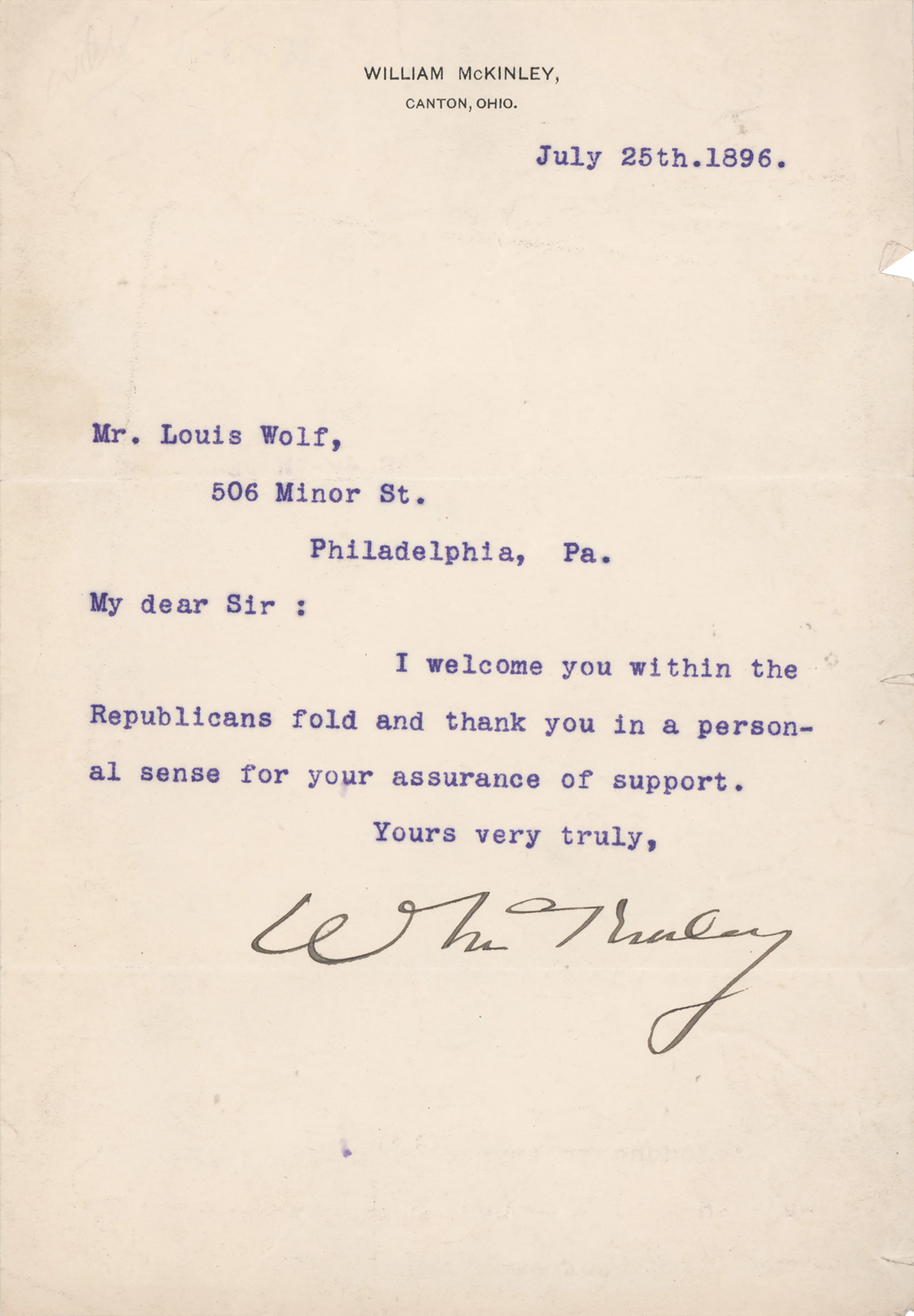 William McKinley Typed Letter Signed: "I welcome you within the Republicans