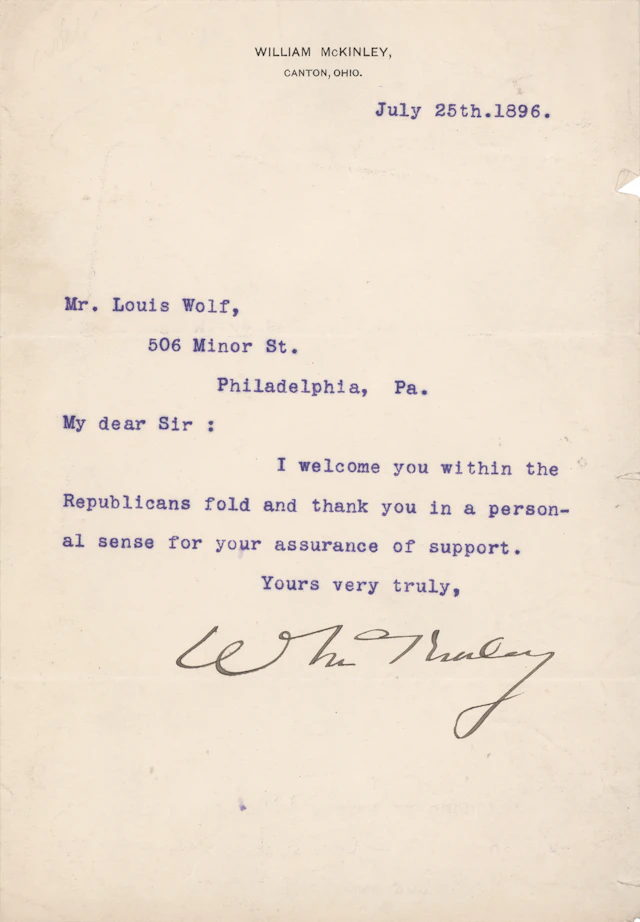 William McKinley Typed Letter Signed: "I welcome you within the Republicans