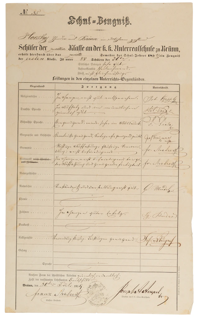 Gregor Mendel Document Signed - Imperial- Royal Lower Realschule Certificate