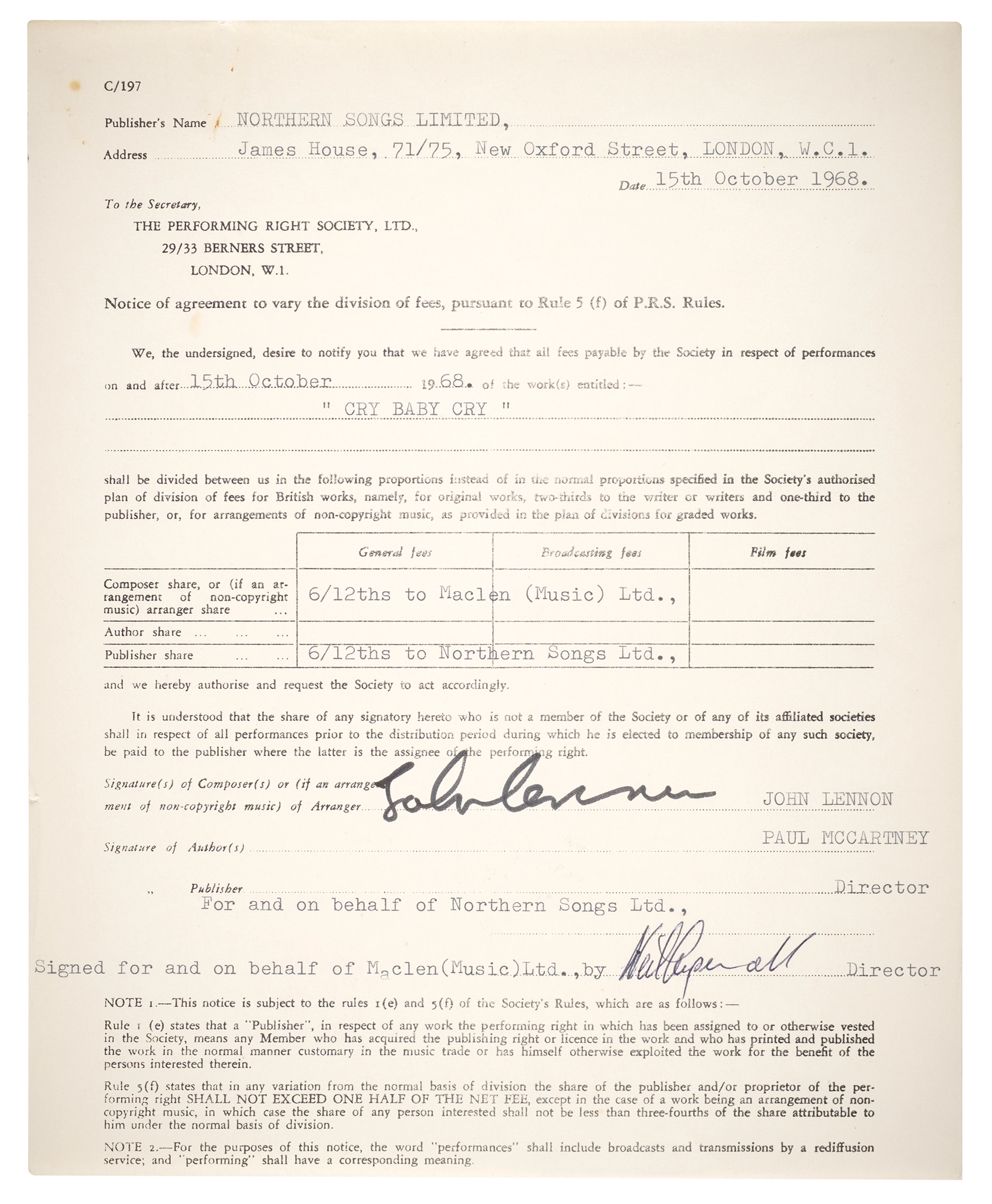 John Lennon and Neil Aspinall Signed Performance Rights Agreement