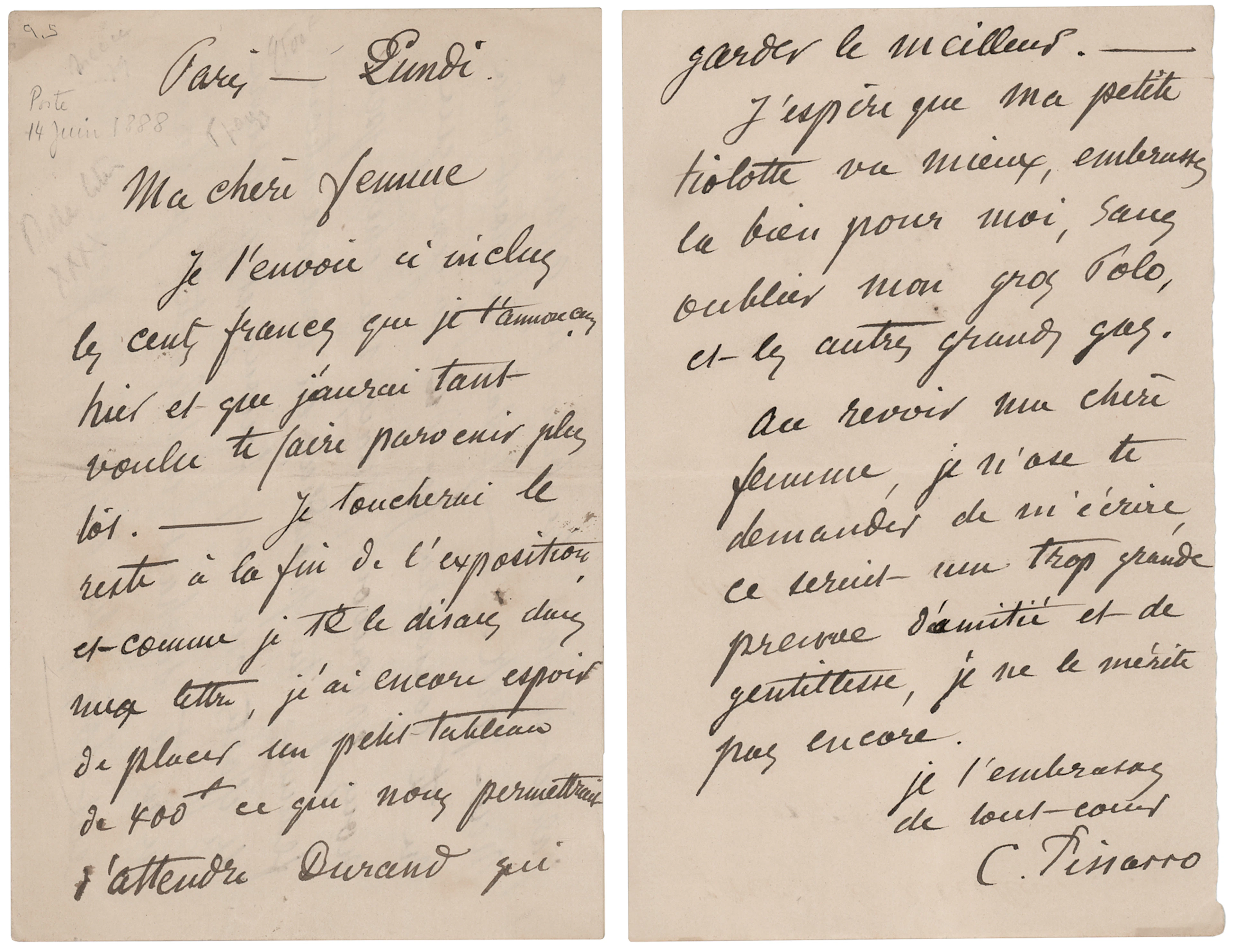 Camille Pissarro Autograph Letter Signed on the Sale of Artwork