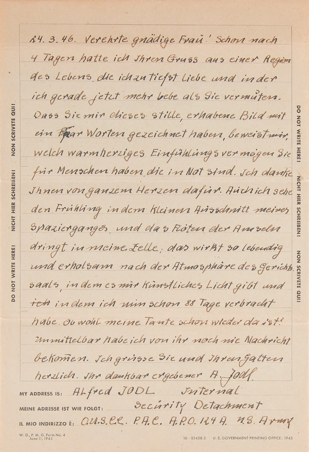 Alfred Jodl Autograph Letter Signed from Nuremberg Prison: "The singing