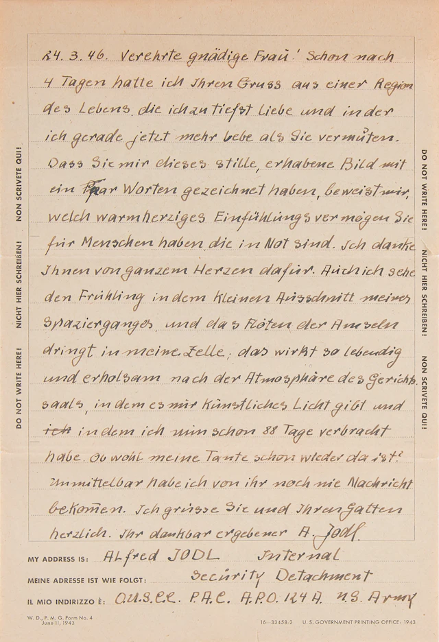 Alfred Jodl Autograph Letter Signed from Nuremberg Prison: "The singing