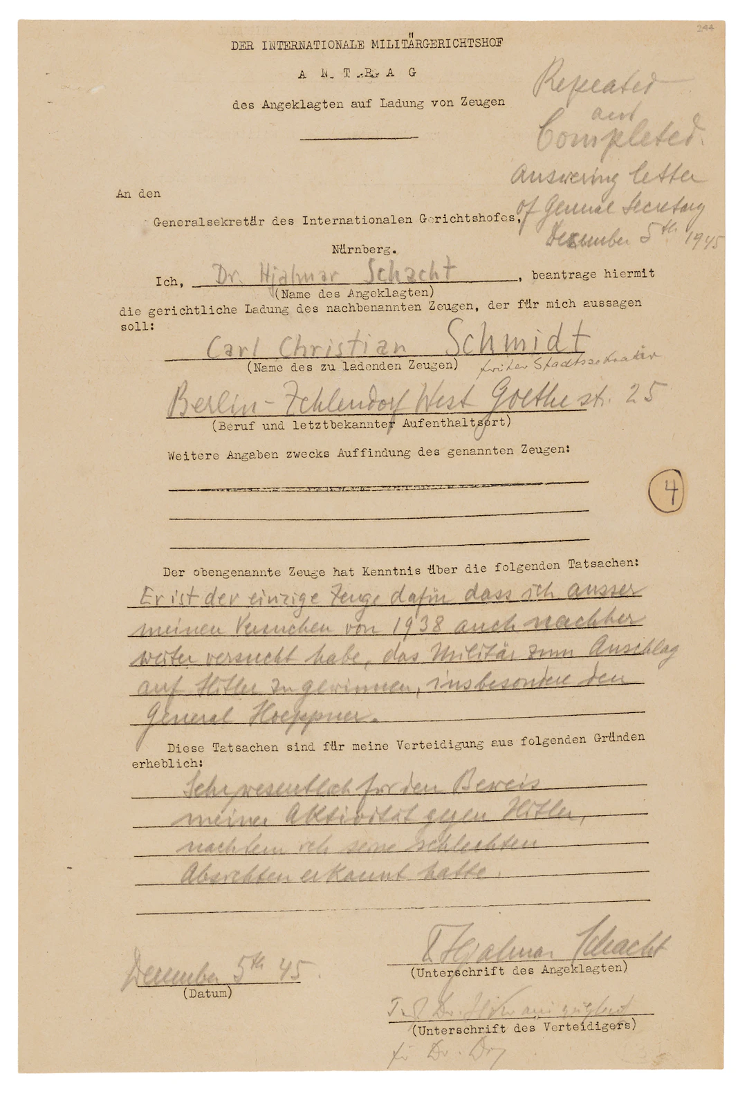 Hjalmar Schacht Document Signed at Nuremberg, Concerning Attempts