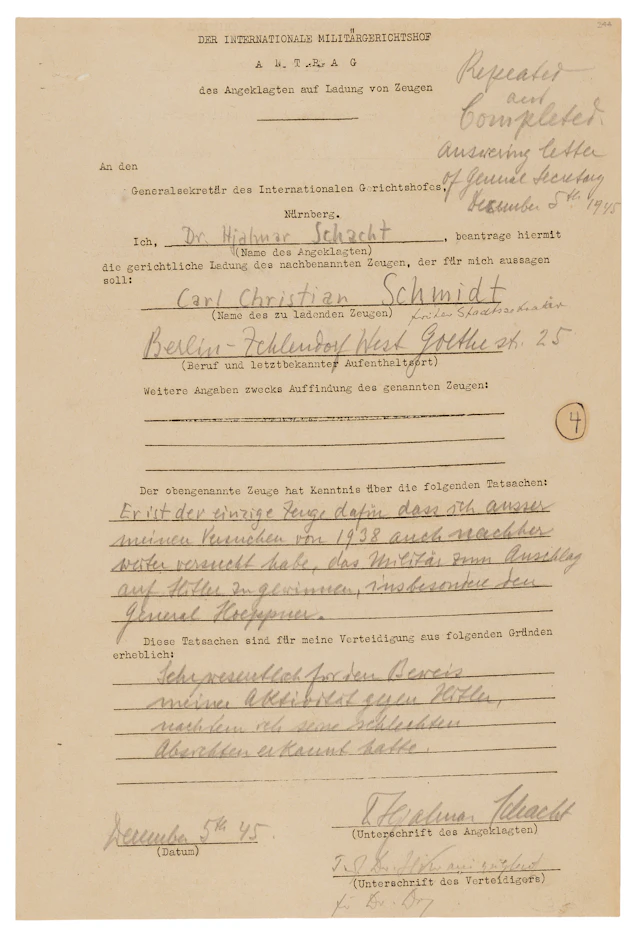 Hjalmar Schacht Document Signed at Nuremberg, Concerning Attempts