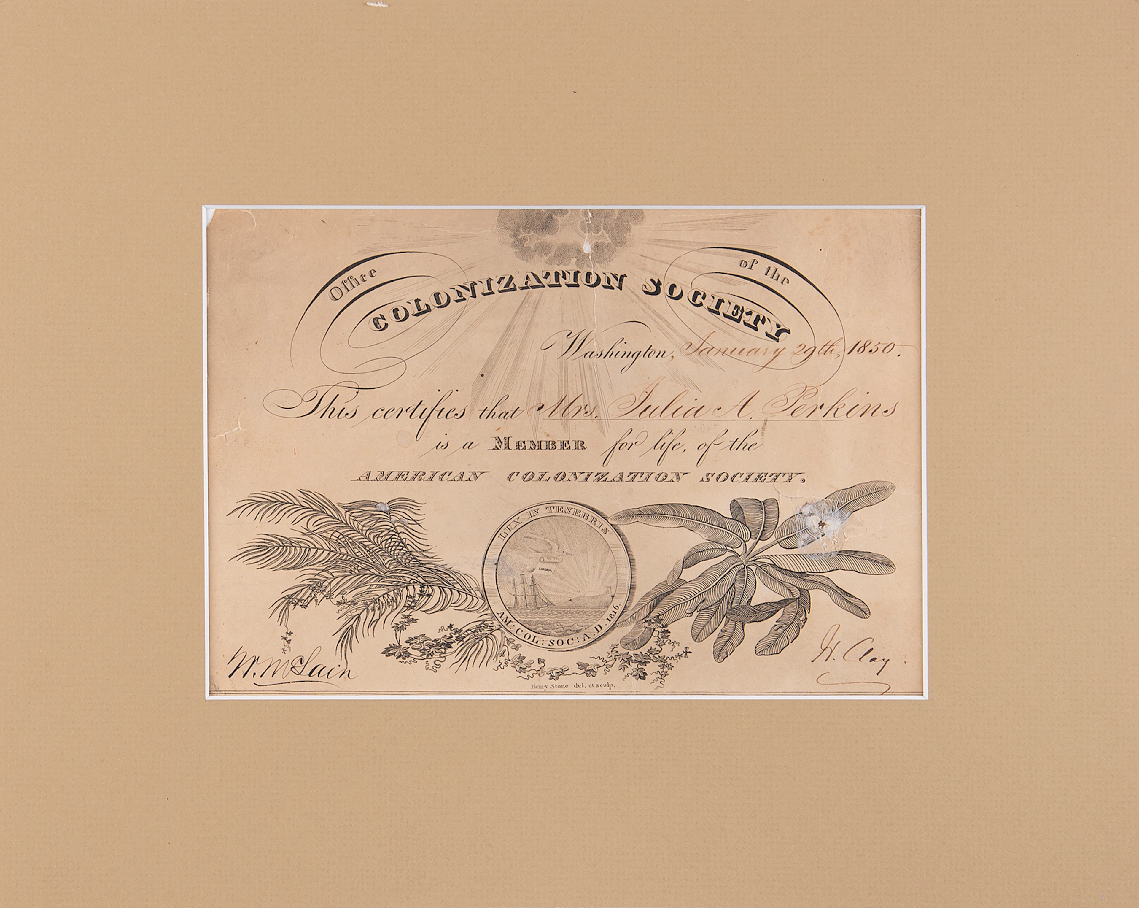Henry Clay Signed 'American Colonization Society' Lifetime Membership