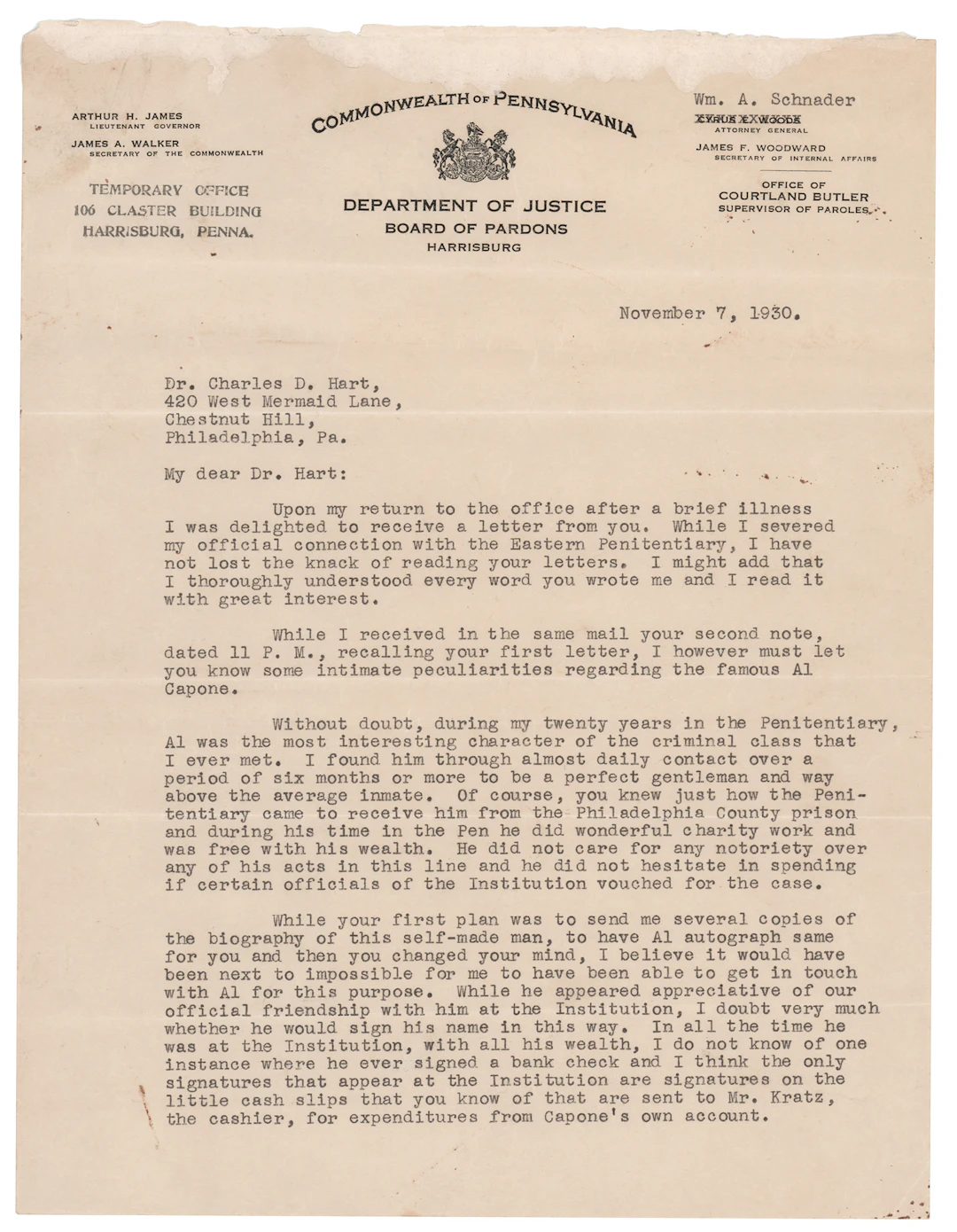 Al Capone: Courtland Butler Typed Letter Signed on Capone's Character