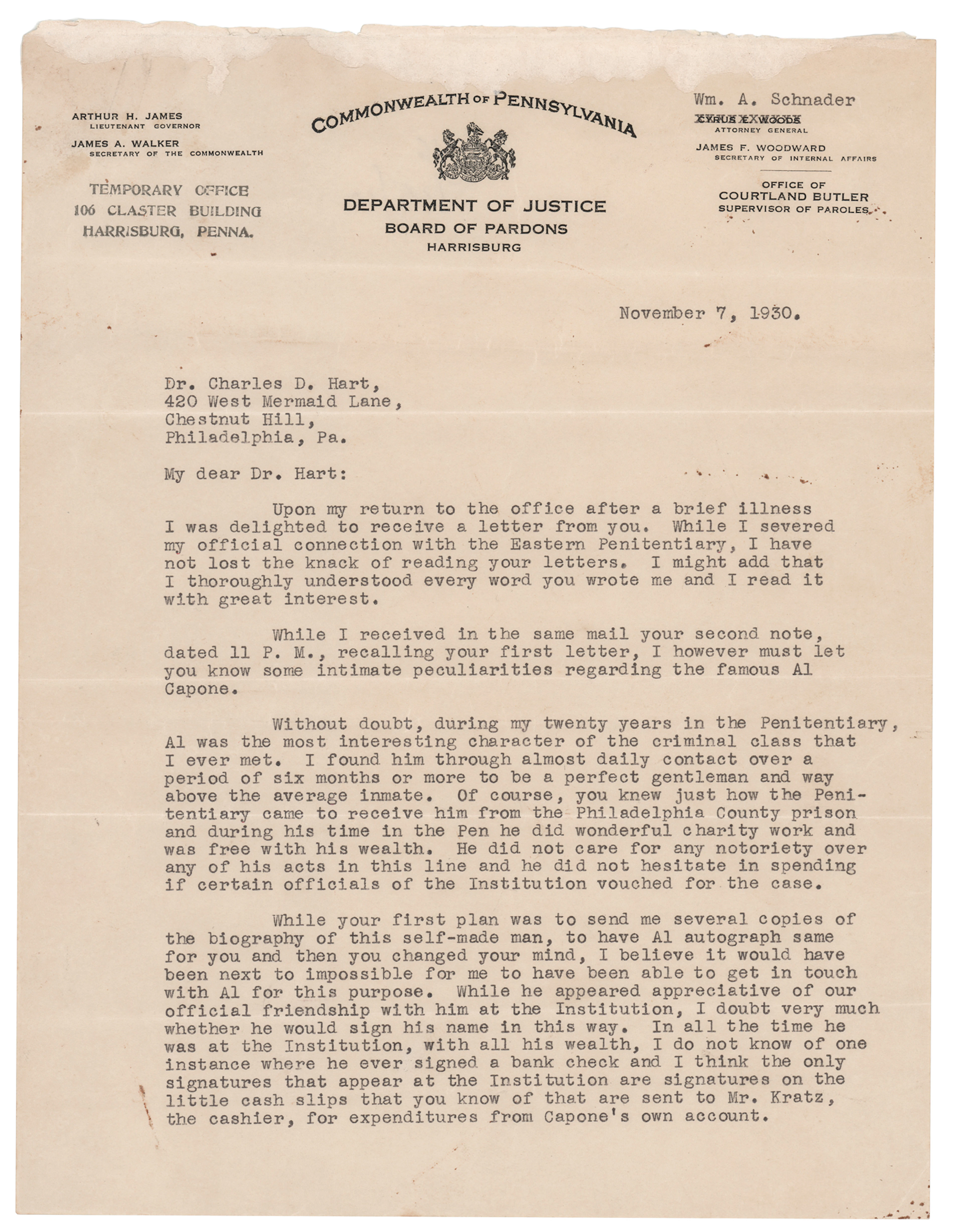 Al Capone: Courtland Butler Typed Letter Signed on Capone's Character