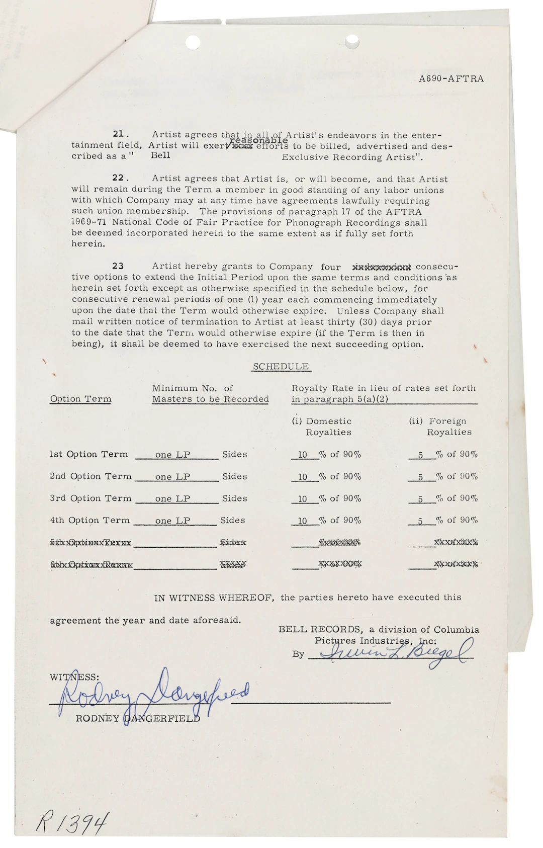 Rodney Dangerfield Signed 1969 Bell Records Recording Contract