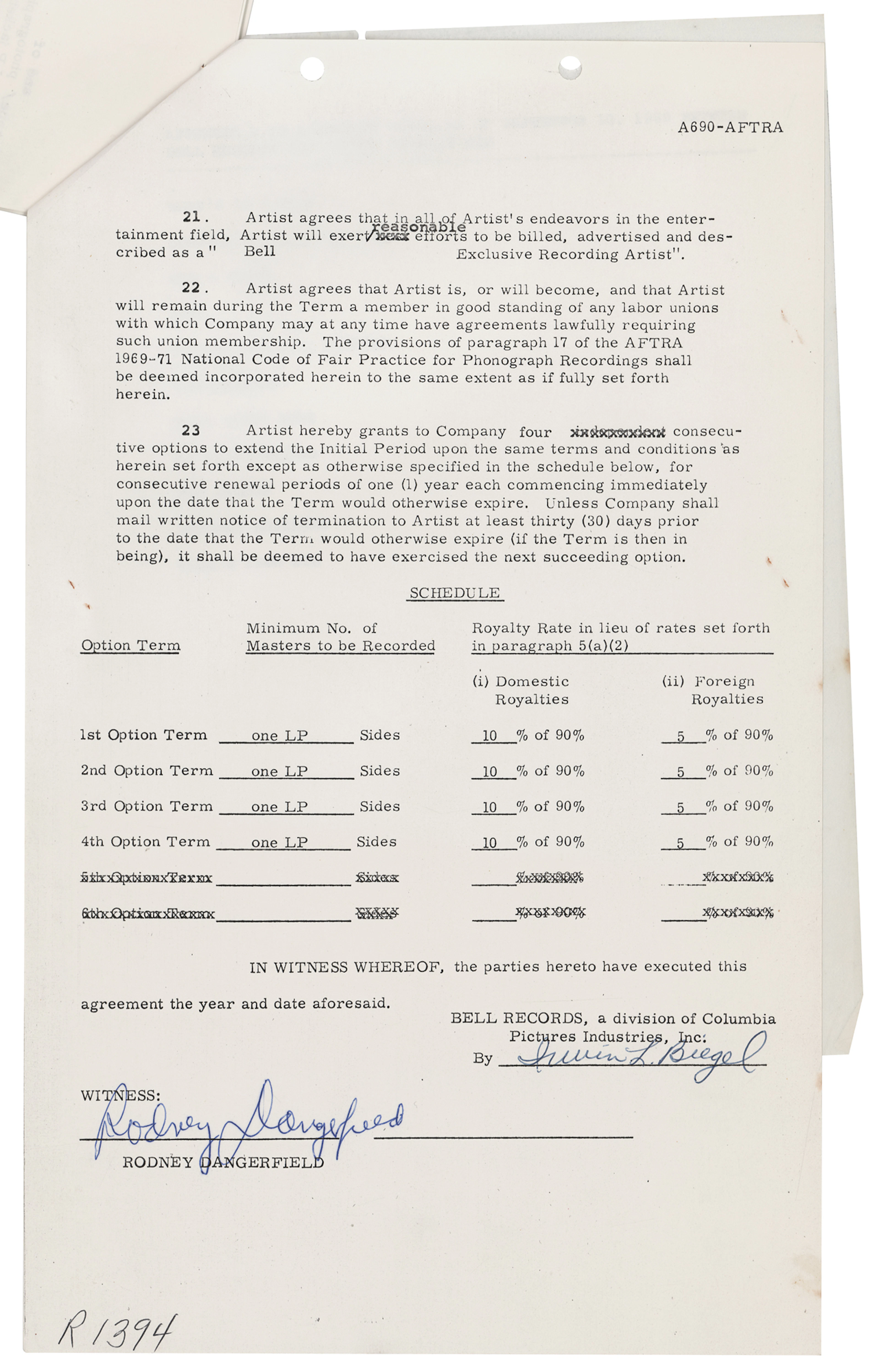 Rodney Dangerfield Signed 1969 Bell Records Recording Contract