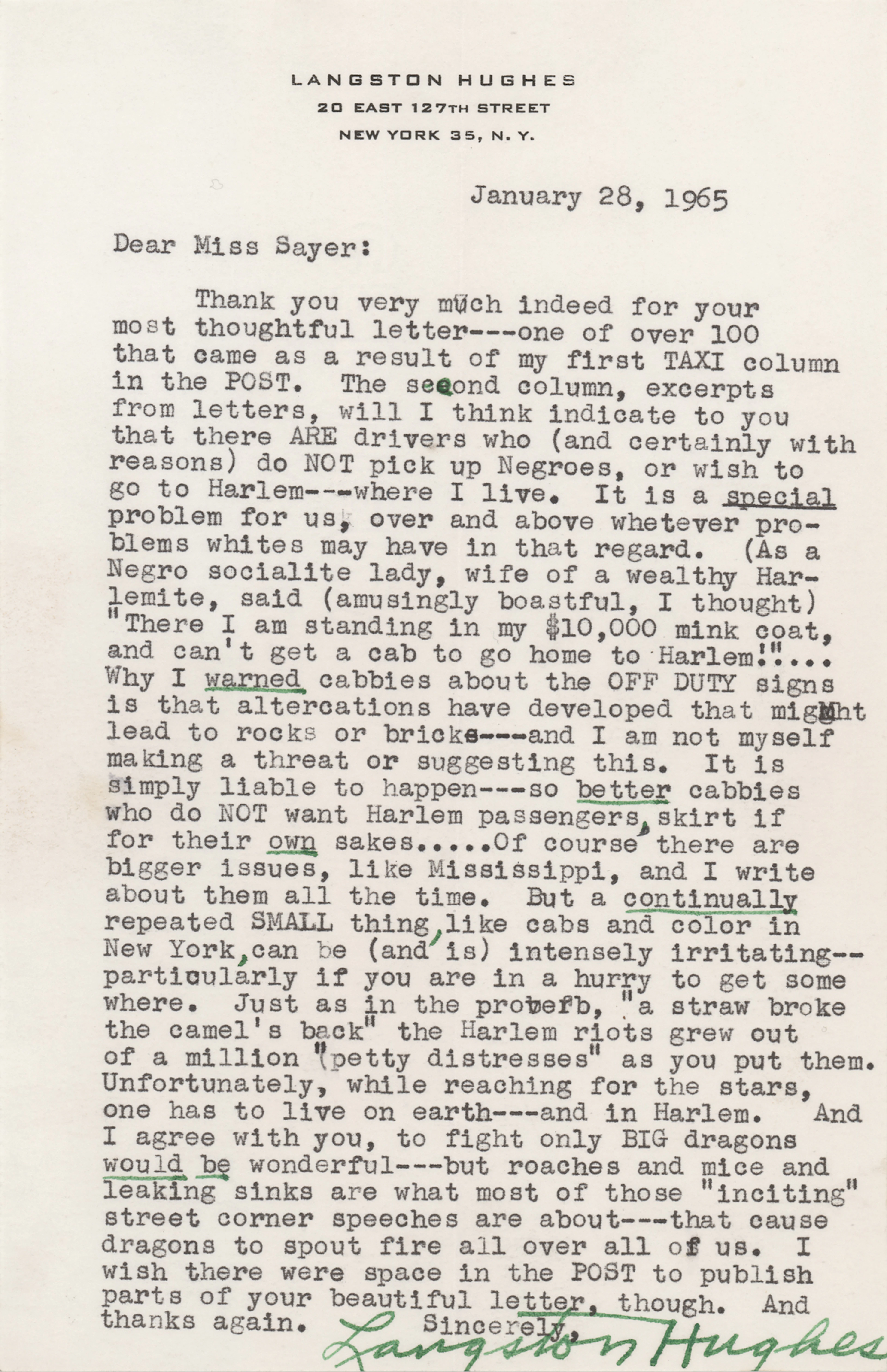 Langston Hughes Typed Letter Signed - "Unfortunately, while reaching