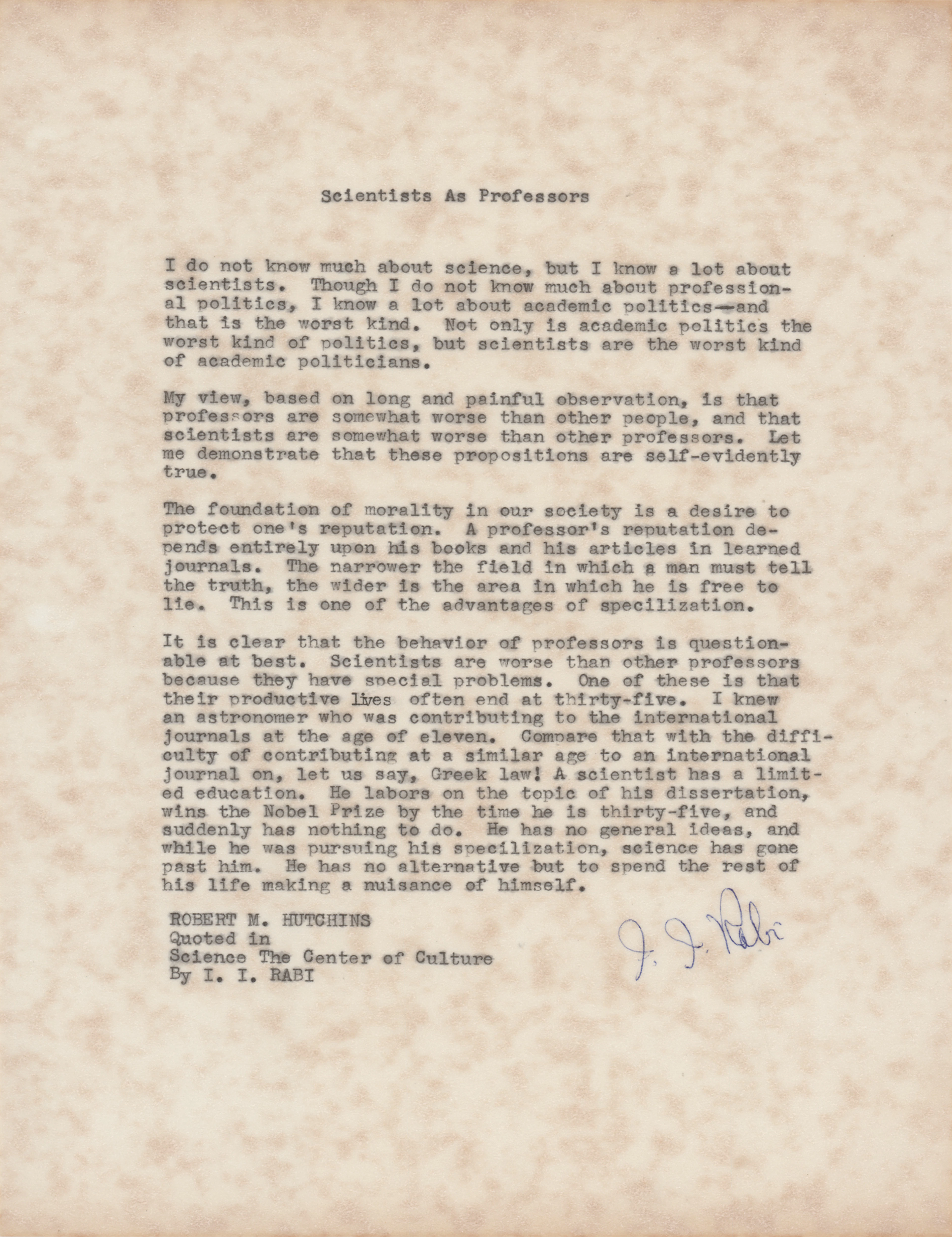 Isidor Rabi Signed Souvenir Typescript