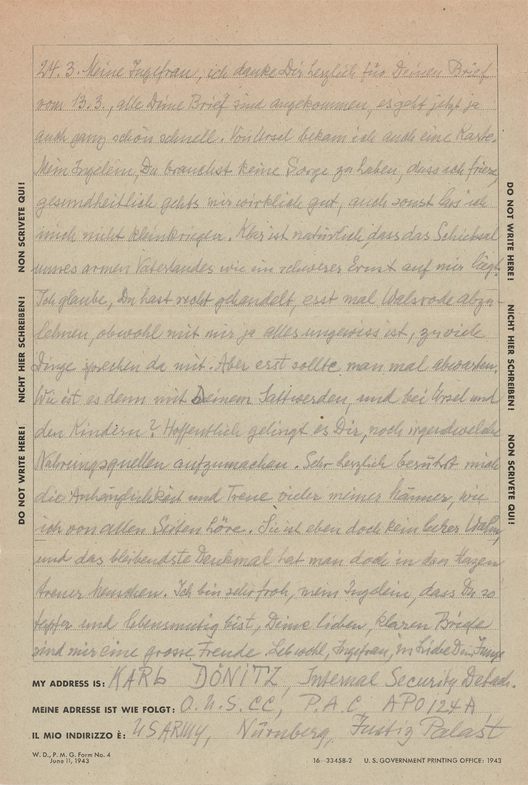 Karl Dönitz Autograph Letter Signed from Nuremberg to His Wife: "The