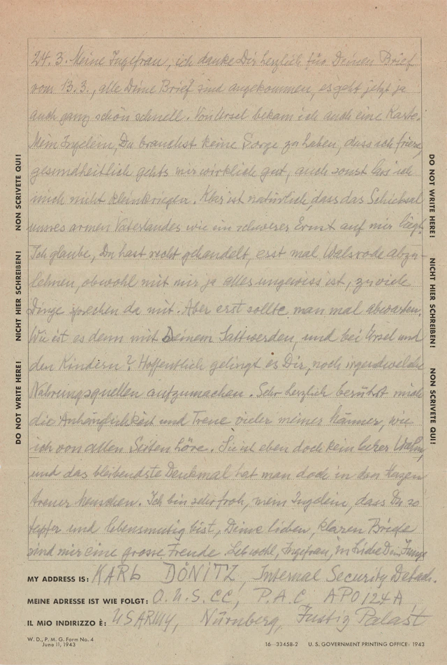 Karl Dönitz Autograph Letter Signed from Nuremberg to His Wife: "The
