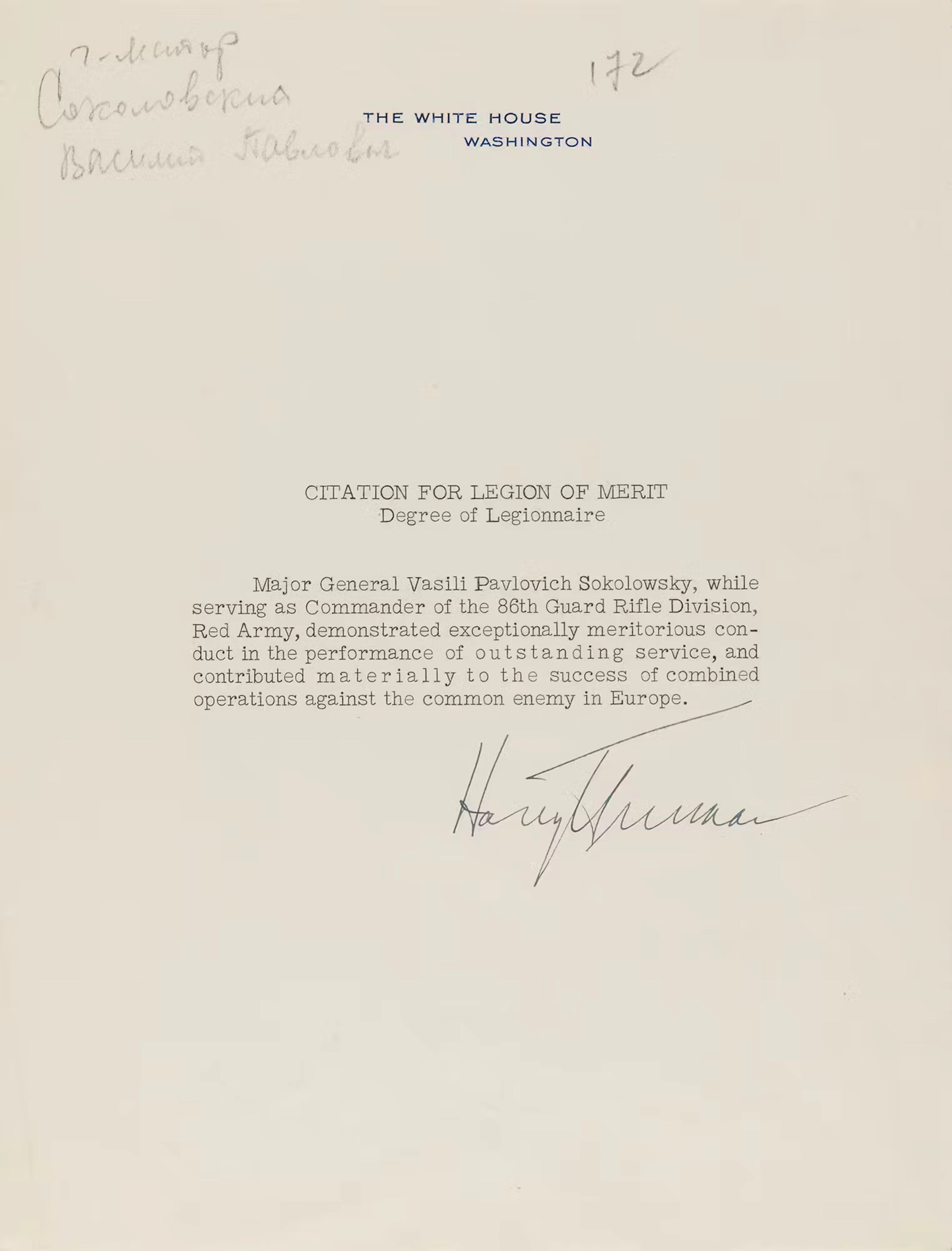 Harry S. Truman Document Signed as President - Citation for Legion