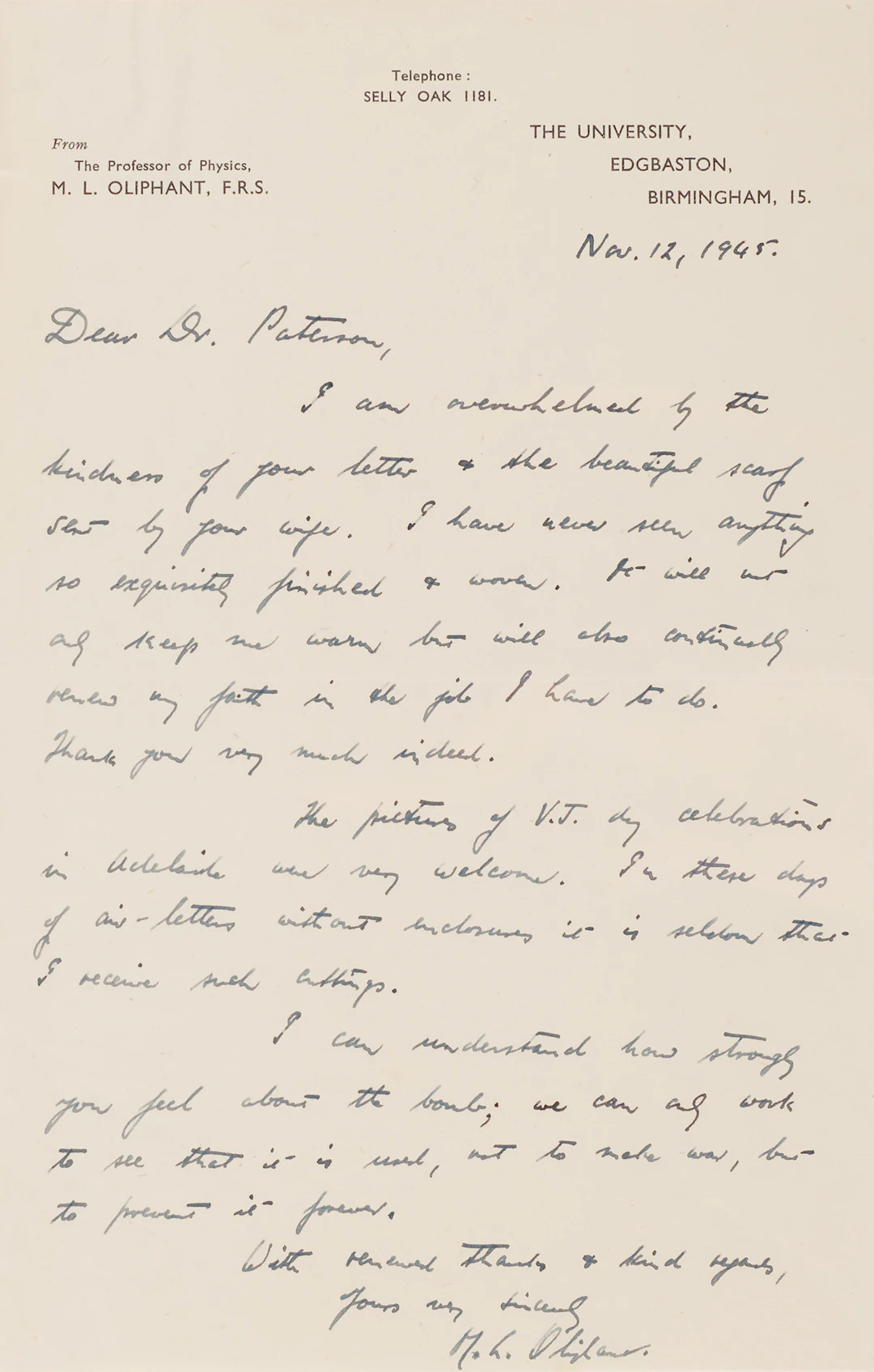 Mark Oliphant Autograph Letter Signed on Atomic Bombs - "We can only