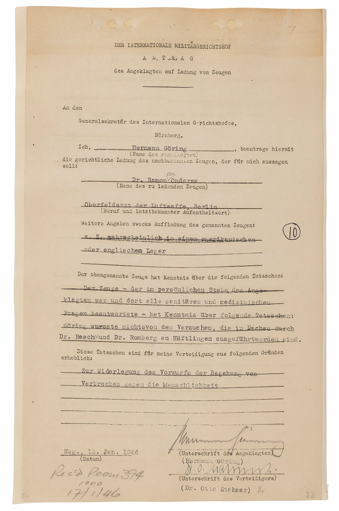 Hermann Göring Document Signed at Nuremberg: "Goering did not know