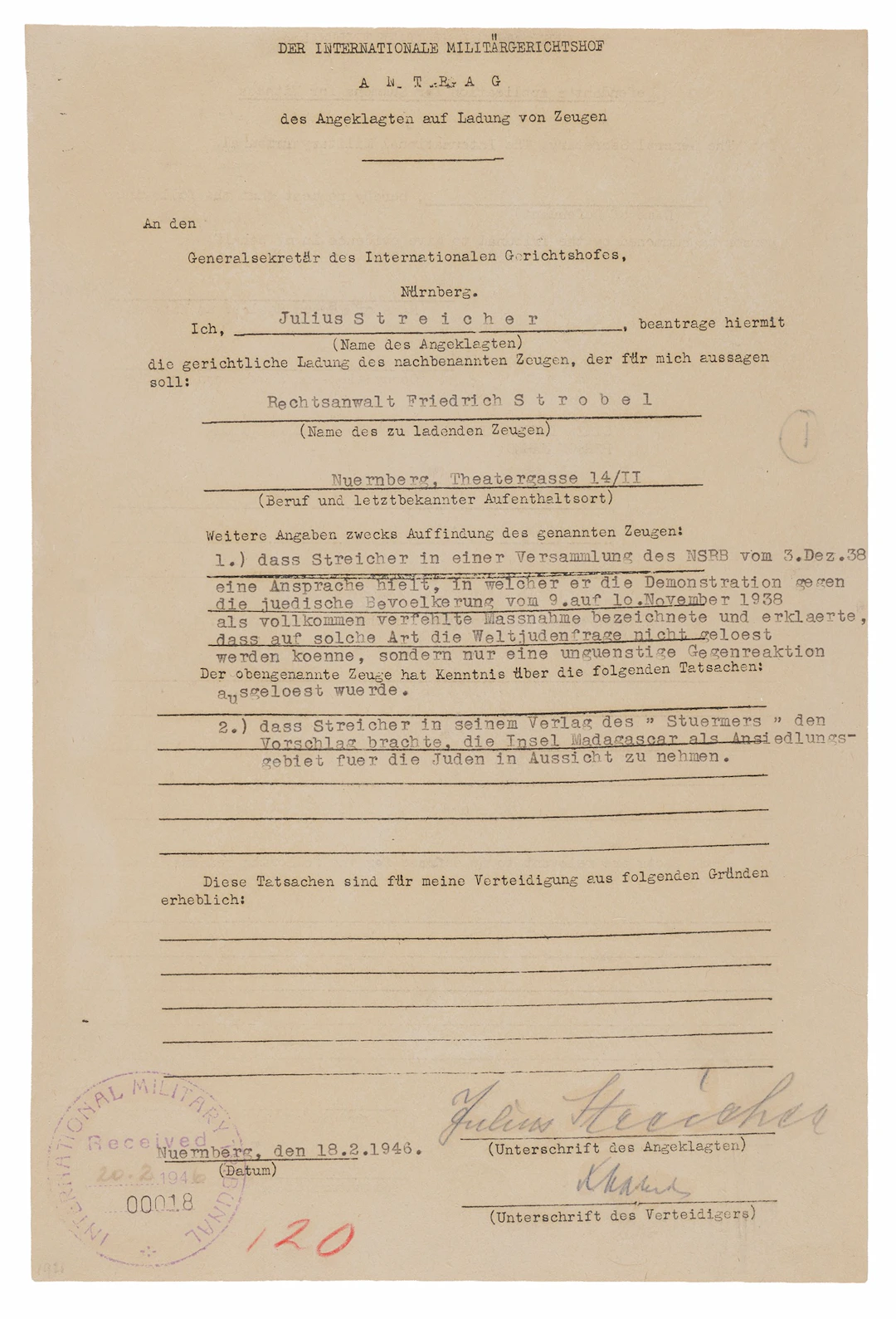 Julius Streicher Document Signed at Nuremberg, Denying Responsibility