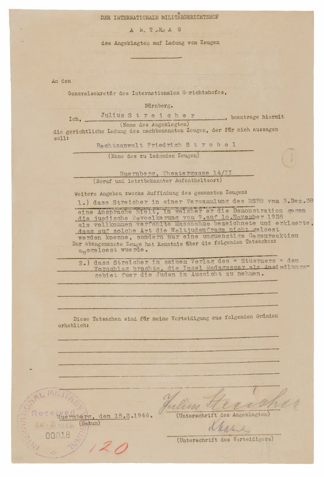 Julius Streicher Document Signed at Nuremberg, Denying Responsibility