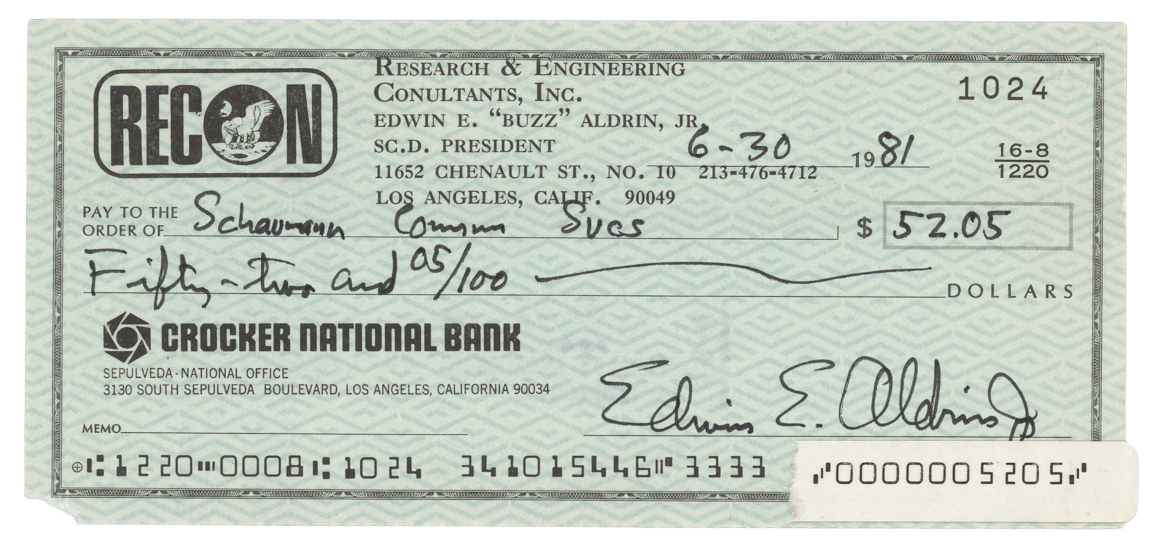 Buzz Aldrin Signed Check
