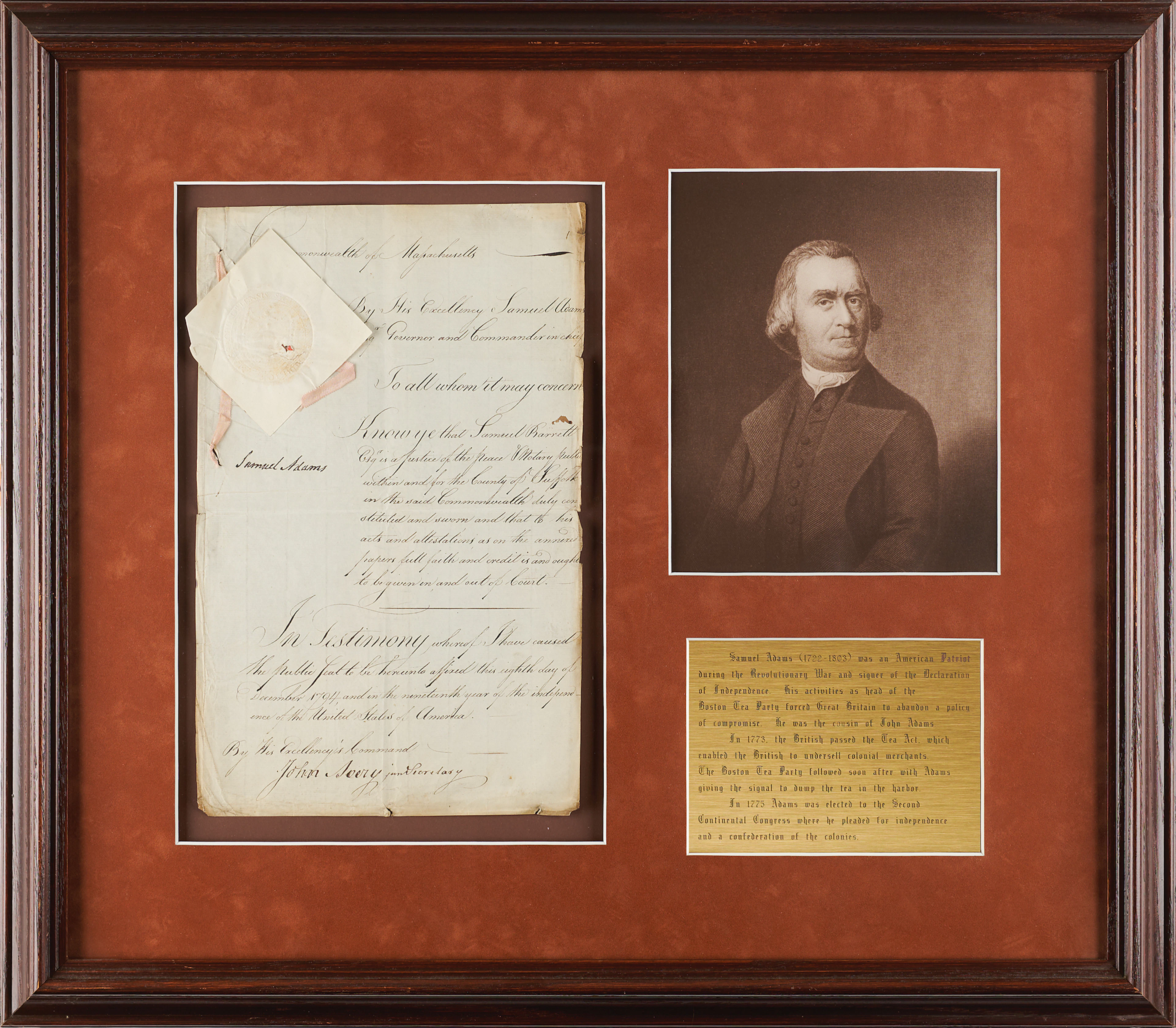 Samuel Adams Document Signed as Governor of Massachusetts, Appointing