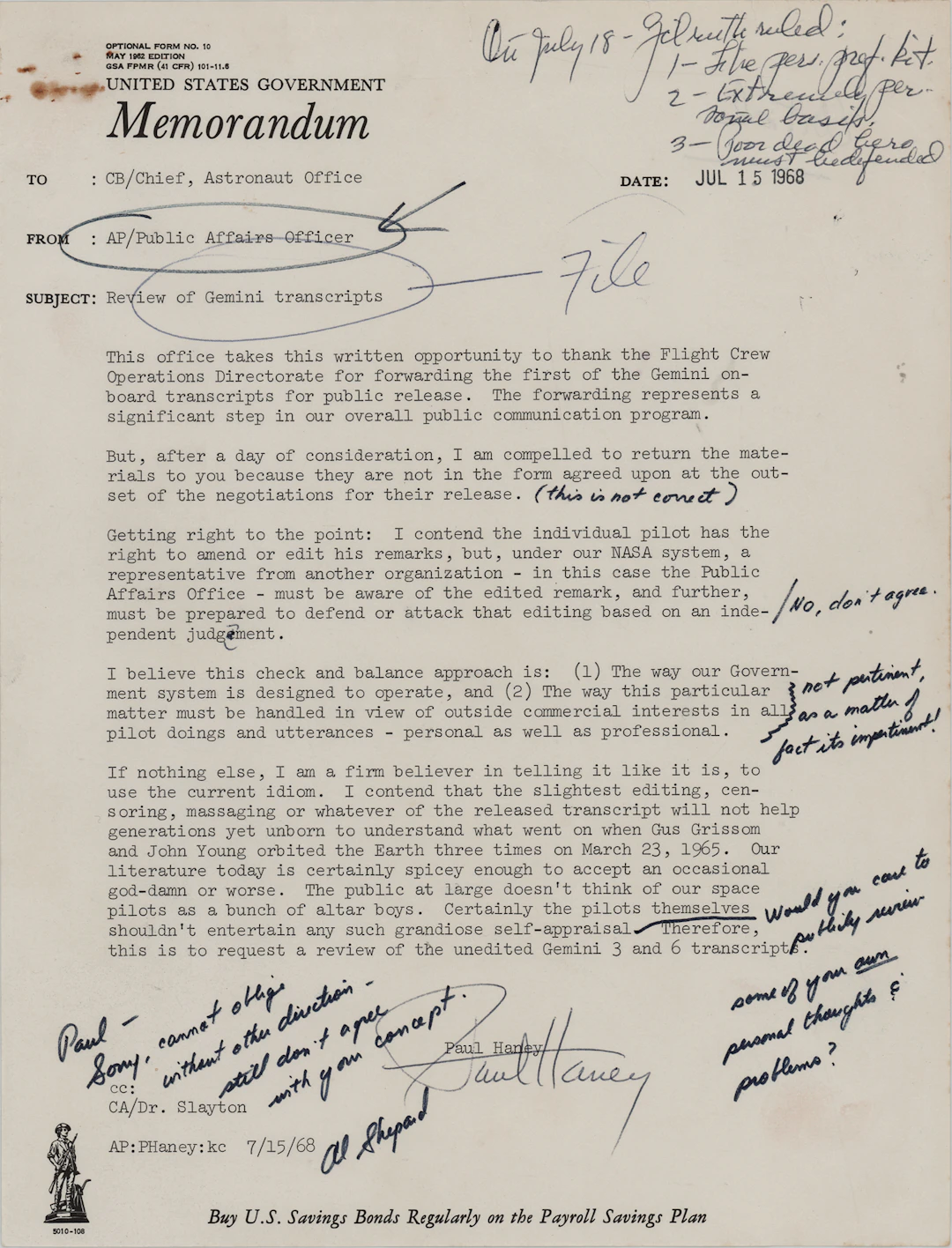Alan Shepard and Paul Haney Hand-Annotated and Signed Government Memorandum: