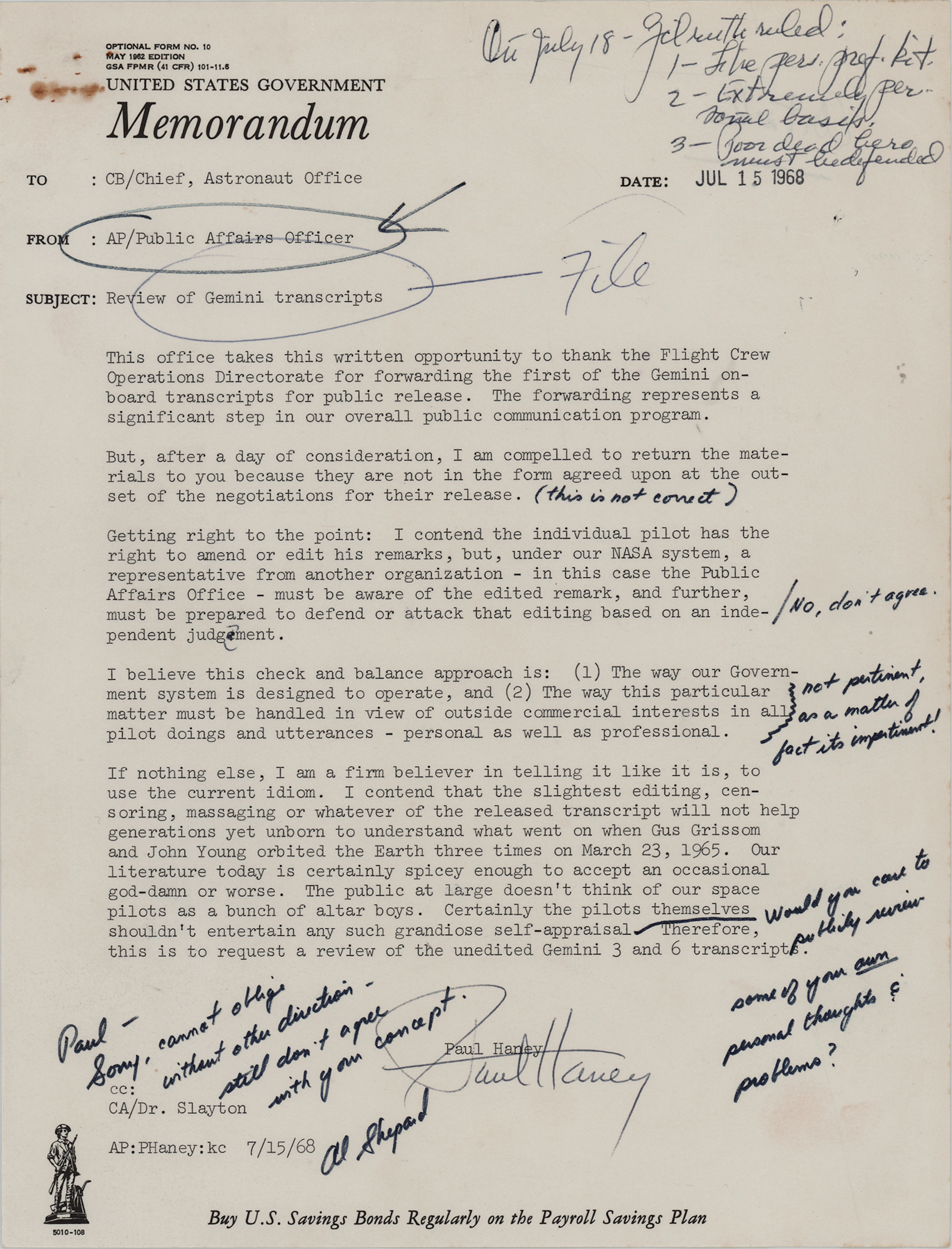 Alan Shepard and Paul Haney Hand-Annotated and Signed Government Memorandum: