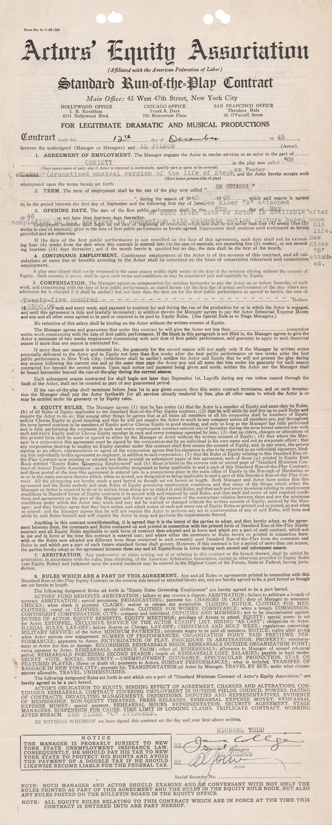 Al Jolson Signed Employment Contract for Oh, Susanna