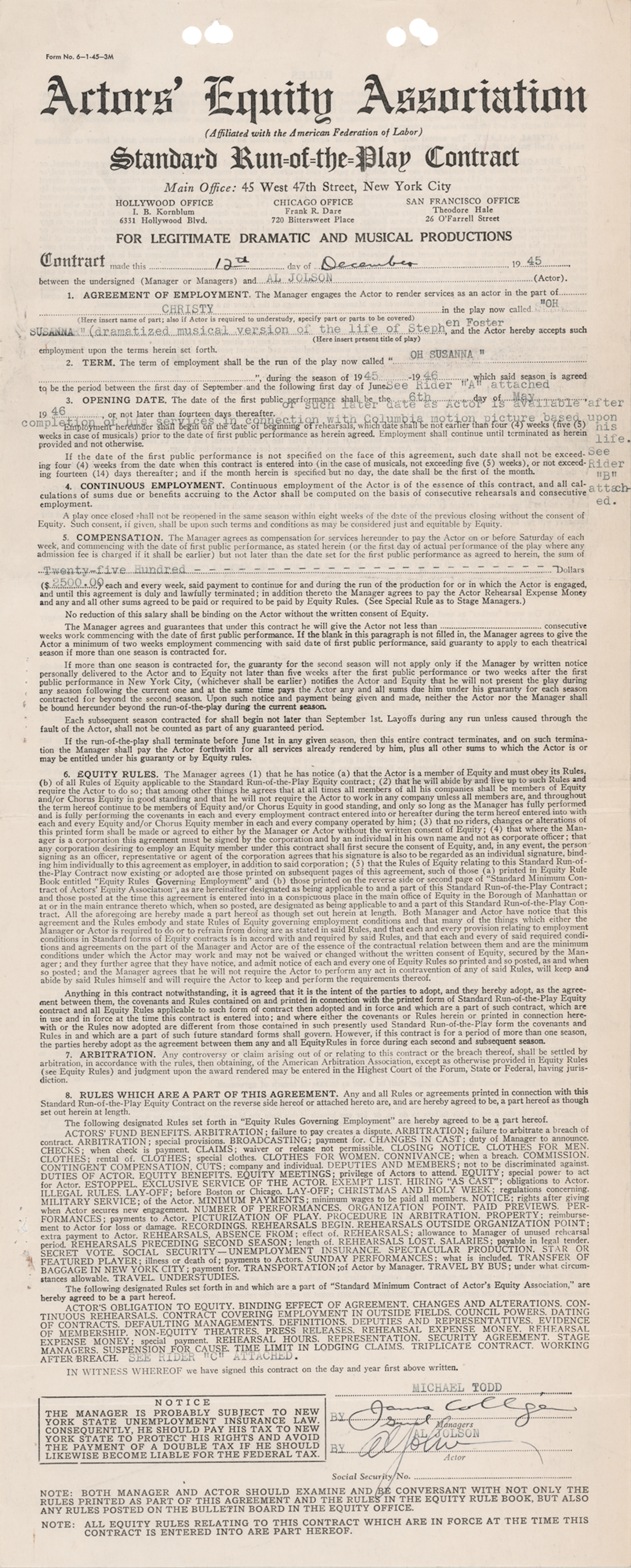 Al Jolson Signed Employment Contract for Oh, Susanna