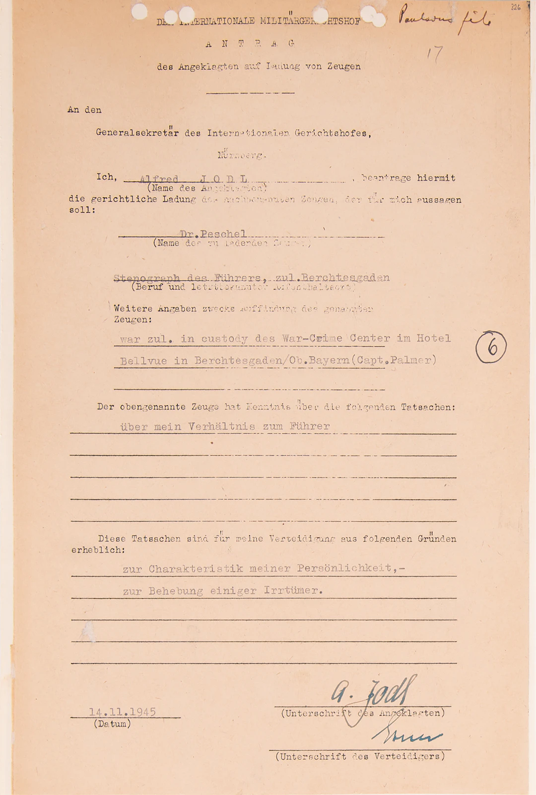 Alfred Jodl Document Signed at Nuremberg, Calling for Hitler's Stenographer