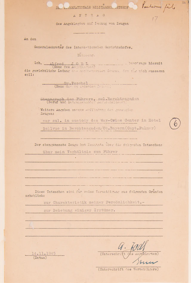 Alfred Jodl Document Signed at Nuremberg, Calling for Hitler's Stenographer