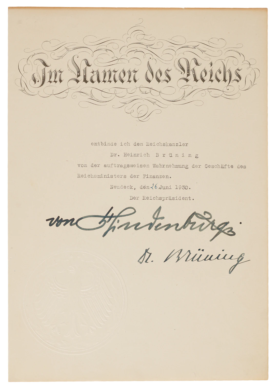 Paul von Hindenburg and Heinrich Brüning Document Signed, Preceding
