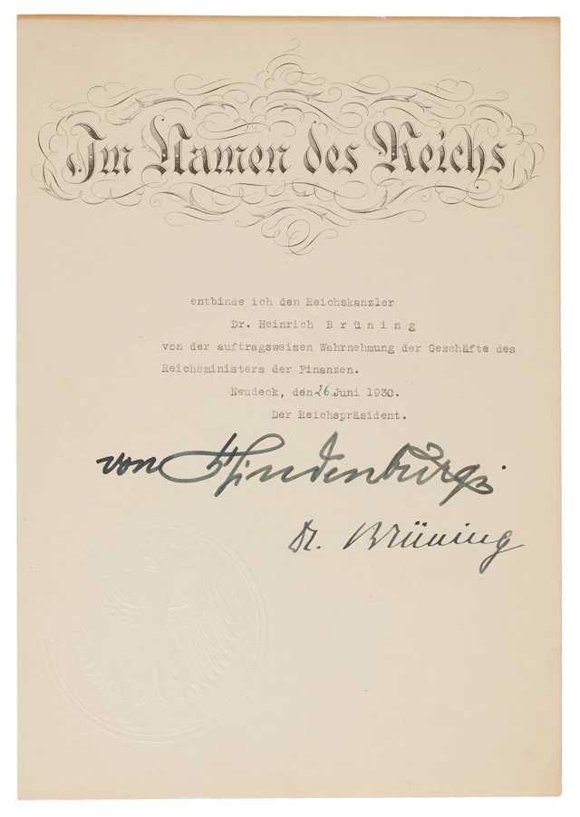 Paul von Hindenburg and Heinrich Brüning Document Signed, Preceding