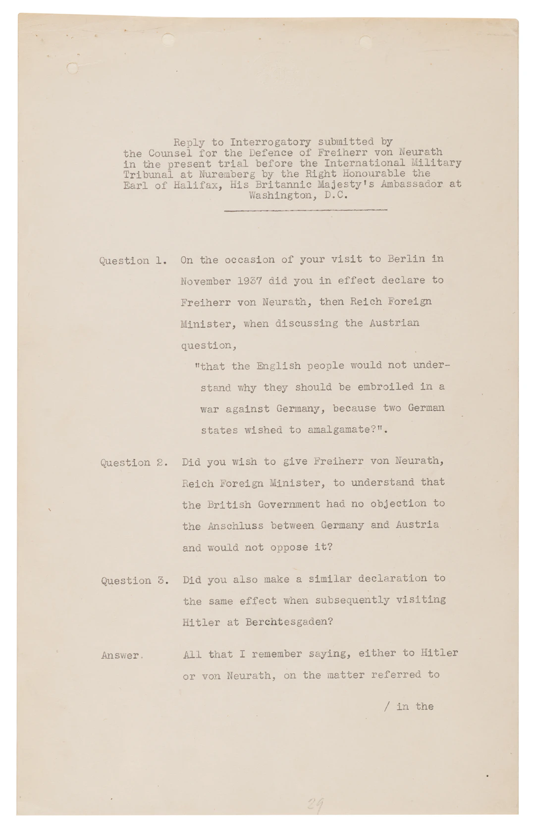 Edward Wood, 1st Earl of Halifax Typed Letter Signed to the International