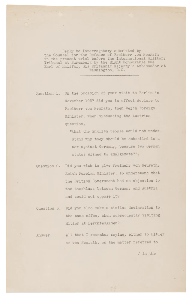 Edward Wood, 1st Earl of Halifax Typed Letter Signed to the International