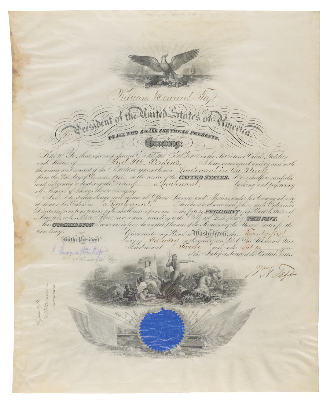 William H. Taft Document Signed as President, Appointing a Lieutenant