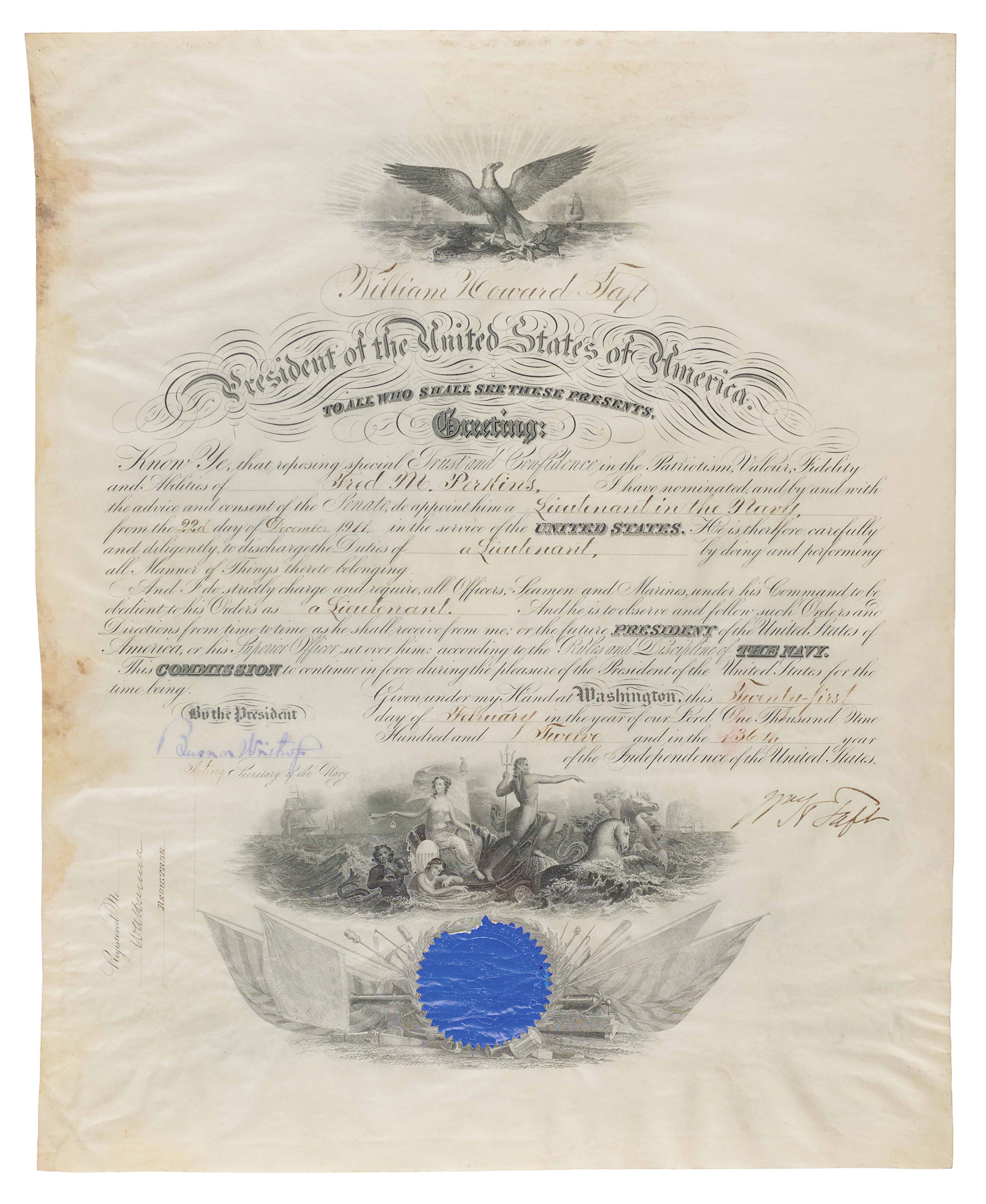 William H. Taft Document Signed as President, Appointing a Lieutenant