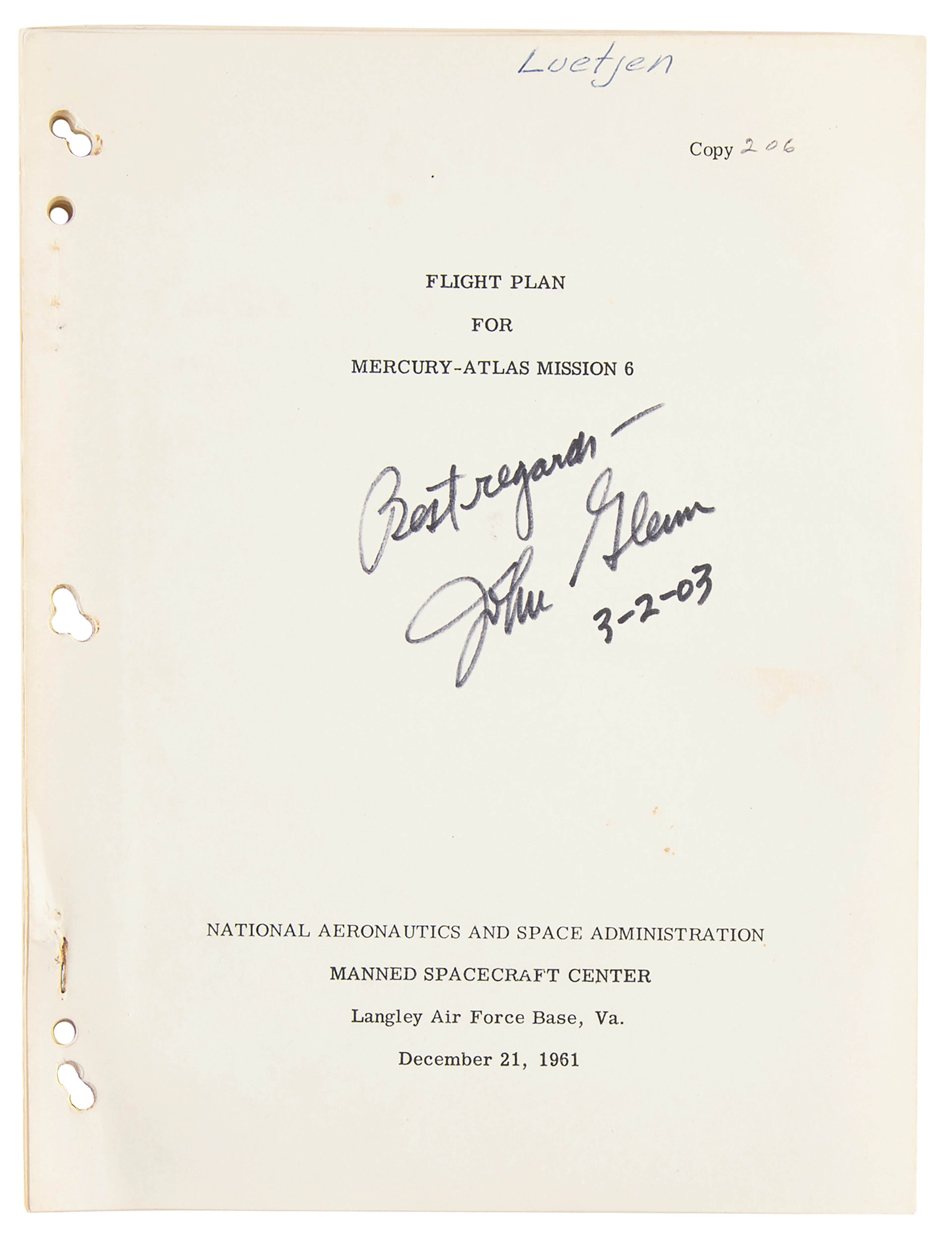John Glenn Signed Flight Plan for the Mercury-Atlas 6 Mission
