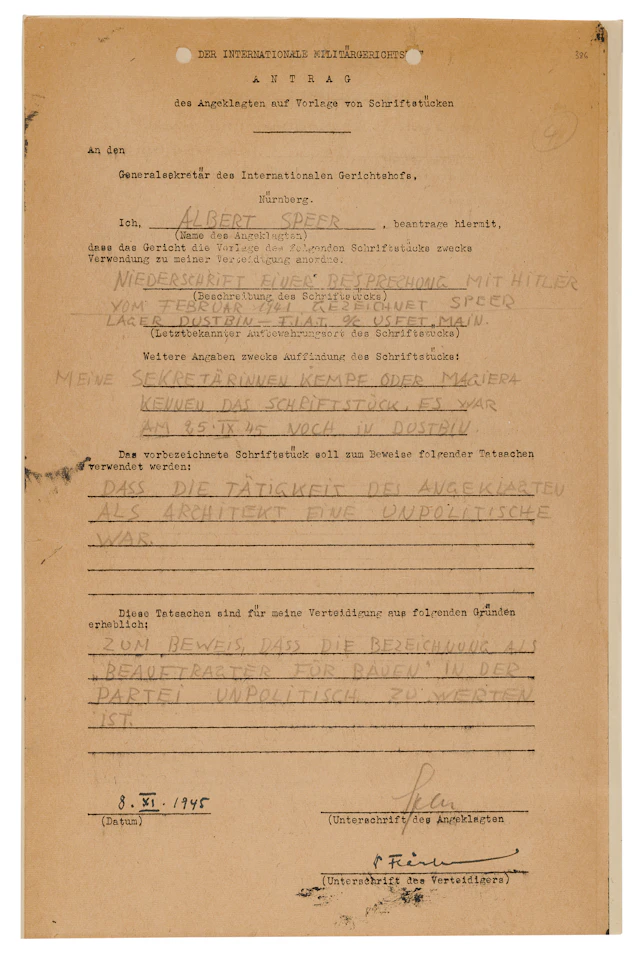 Albert Speer Document Signed at Nuremberg, Seeking an Allied Radio