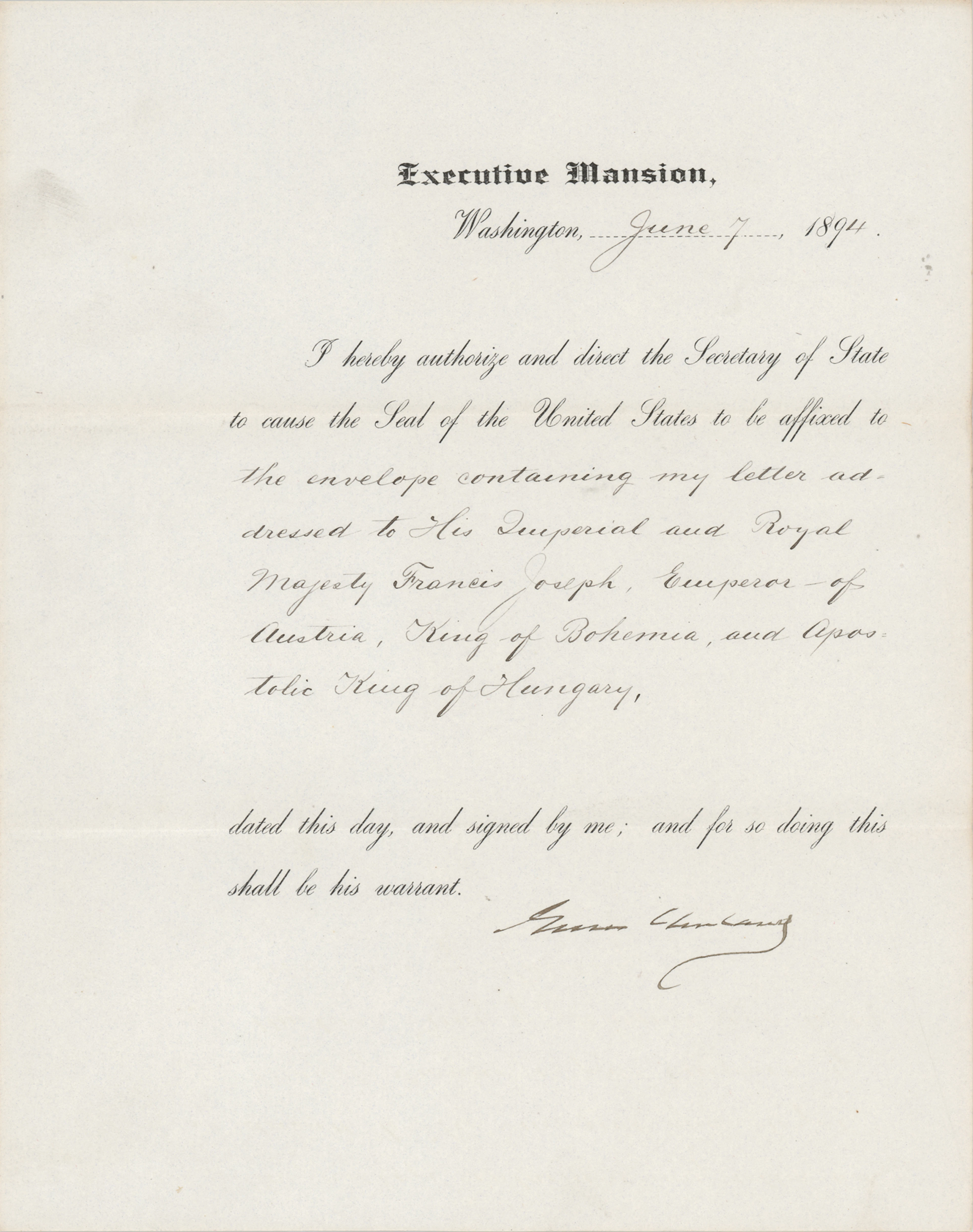 Grover Cleveland Document Signed as President, Directing a Letter