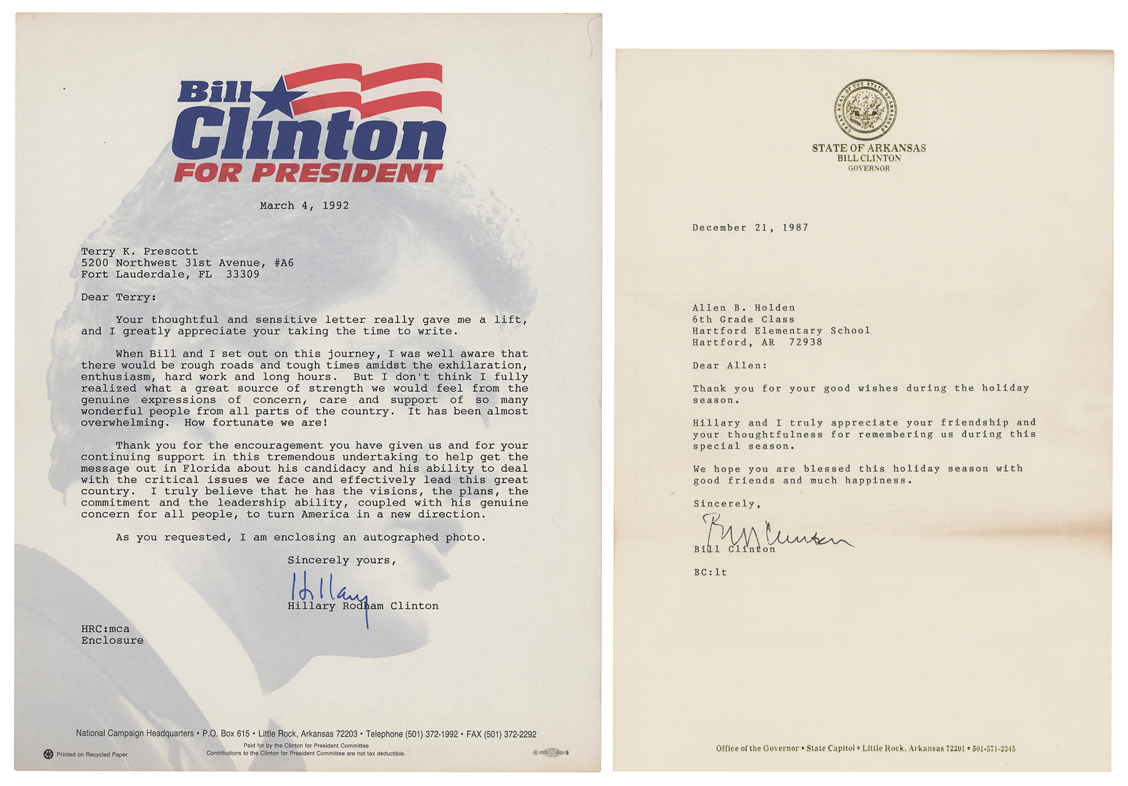Bill and Hillary Clinton (2) Typed Letters Signed