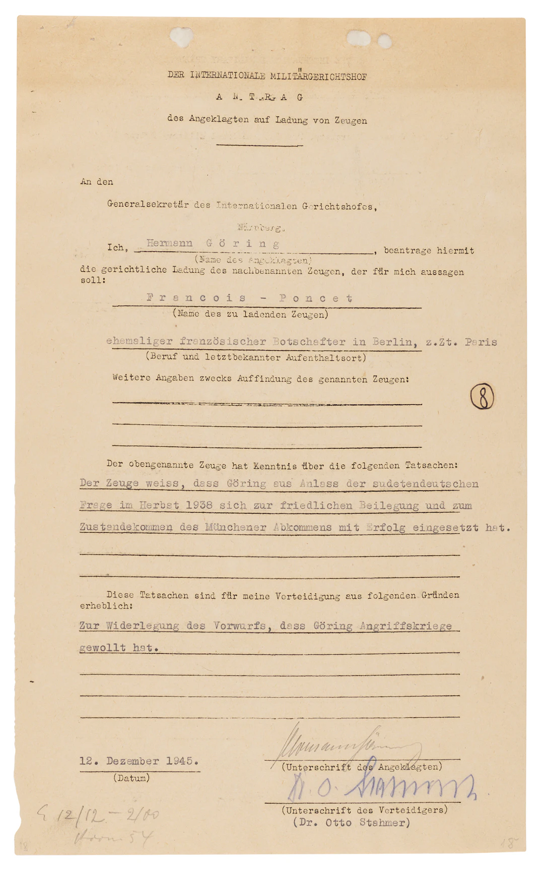 Hermann Göring Document Signed at Nuremberg, Invoking the Munich Agreement