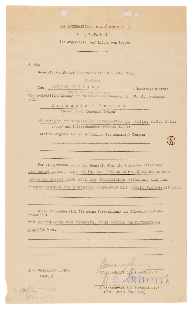 Hermann Göring Document Signed at Nuremberg, Invoking the Munich Agreement
