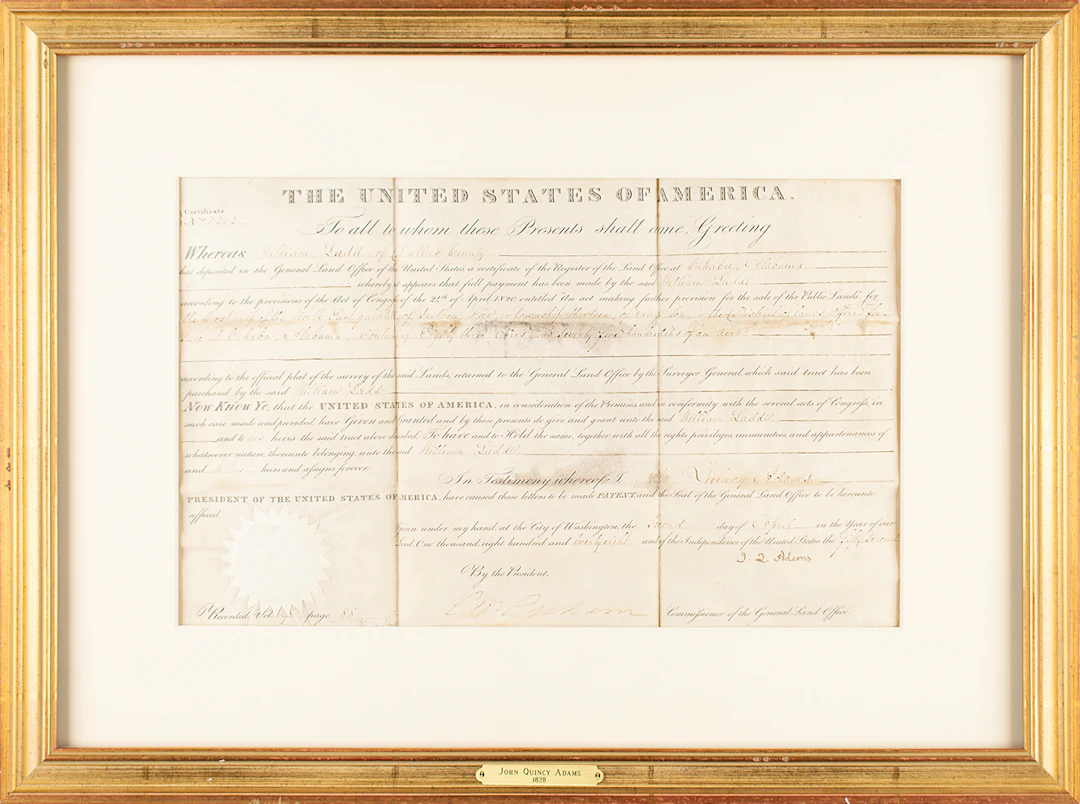 John Quincy Adams Document Signed as President - Alabama Land Grant (1828)