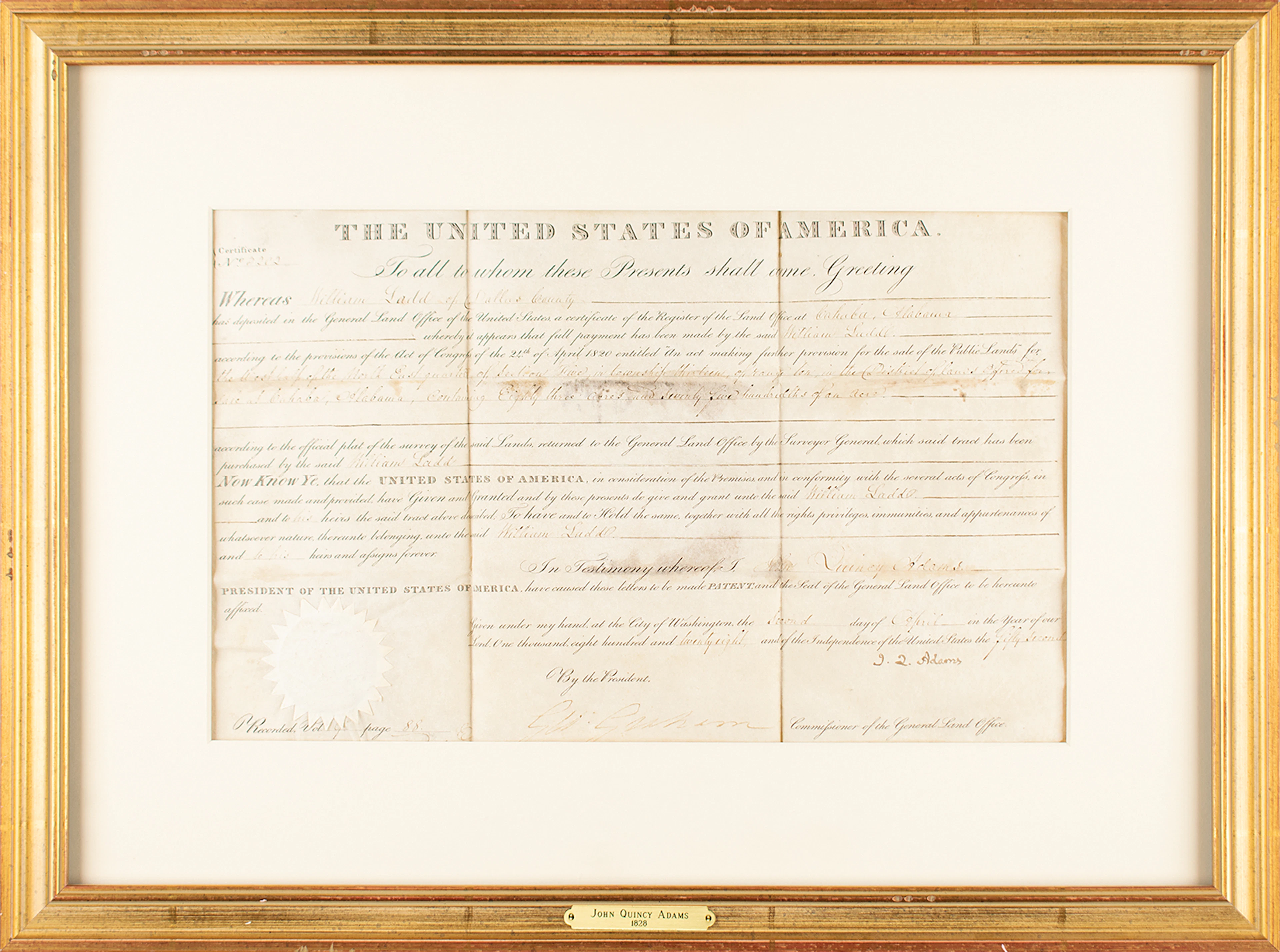 John Quincy Adams Document Signed as President - Alabama Land Grant (1828)