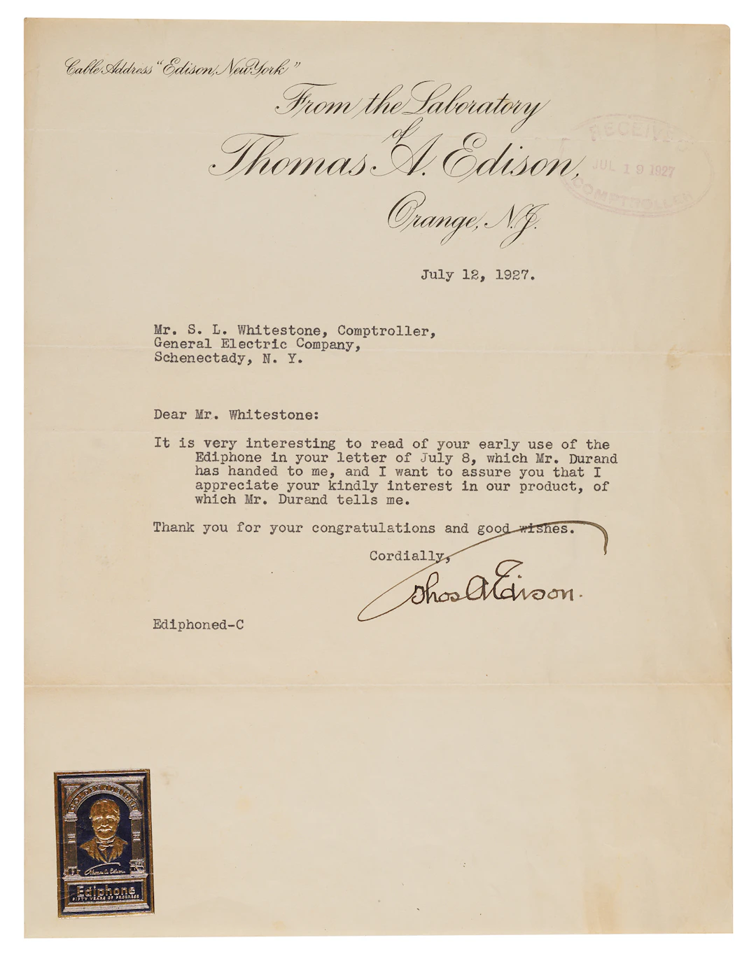 Thomas Edison Typed Letter Signed on the Ediphone’s Golden Jubilee