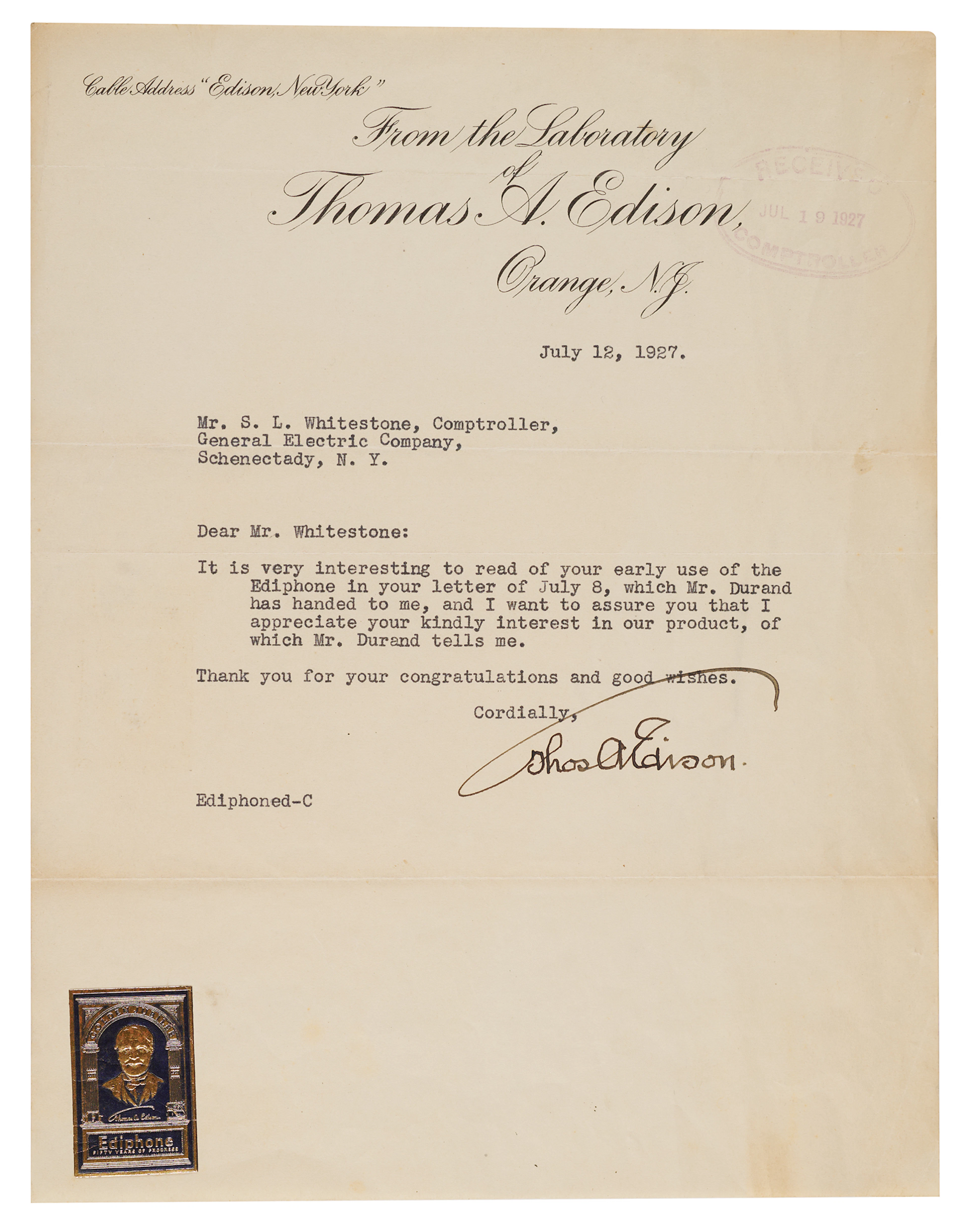 Thomas Edison Typed Letter Signed on the Ediphone’s Golden Jubilee