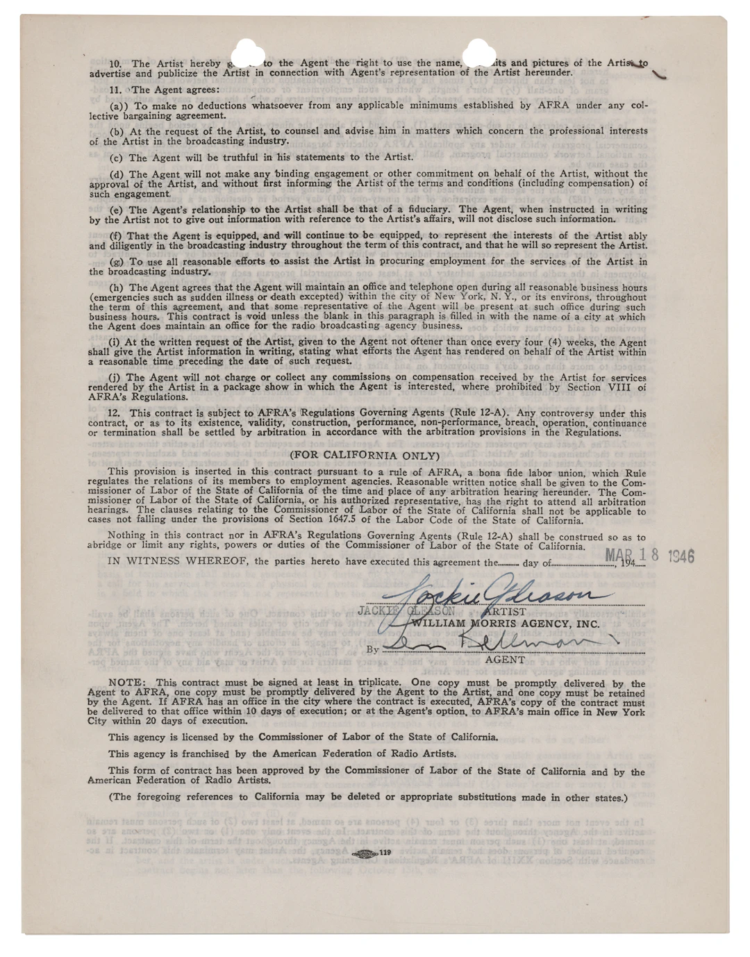 Jackie Gleason Signed Agency Contract
