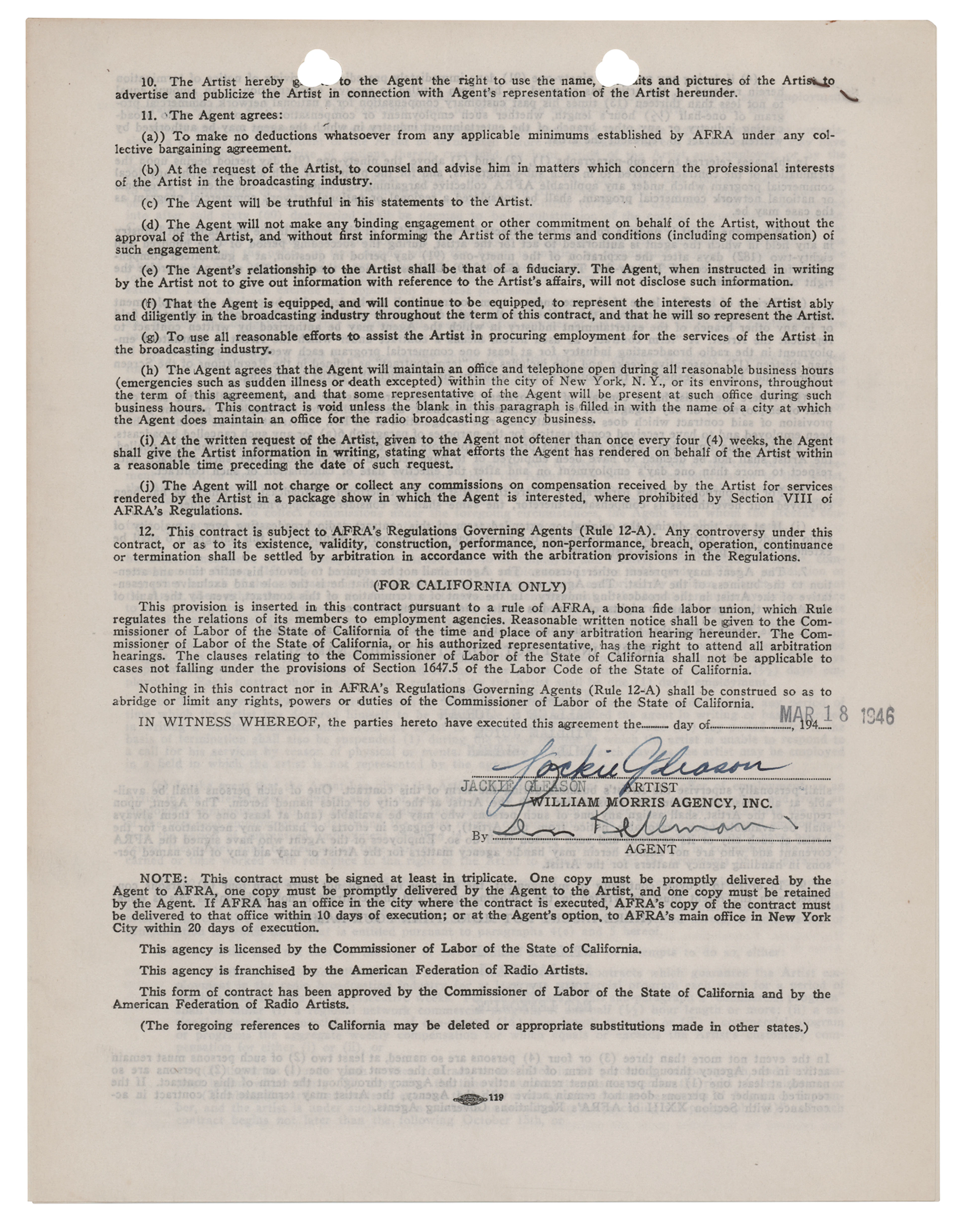 Jackie Gleason Signed Agency Contract
